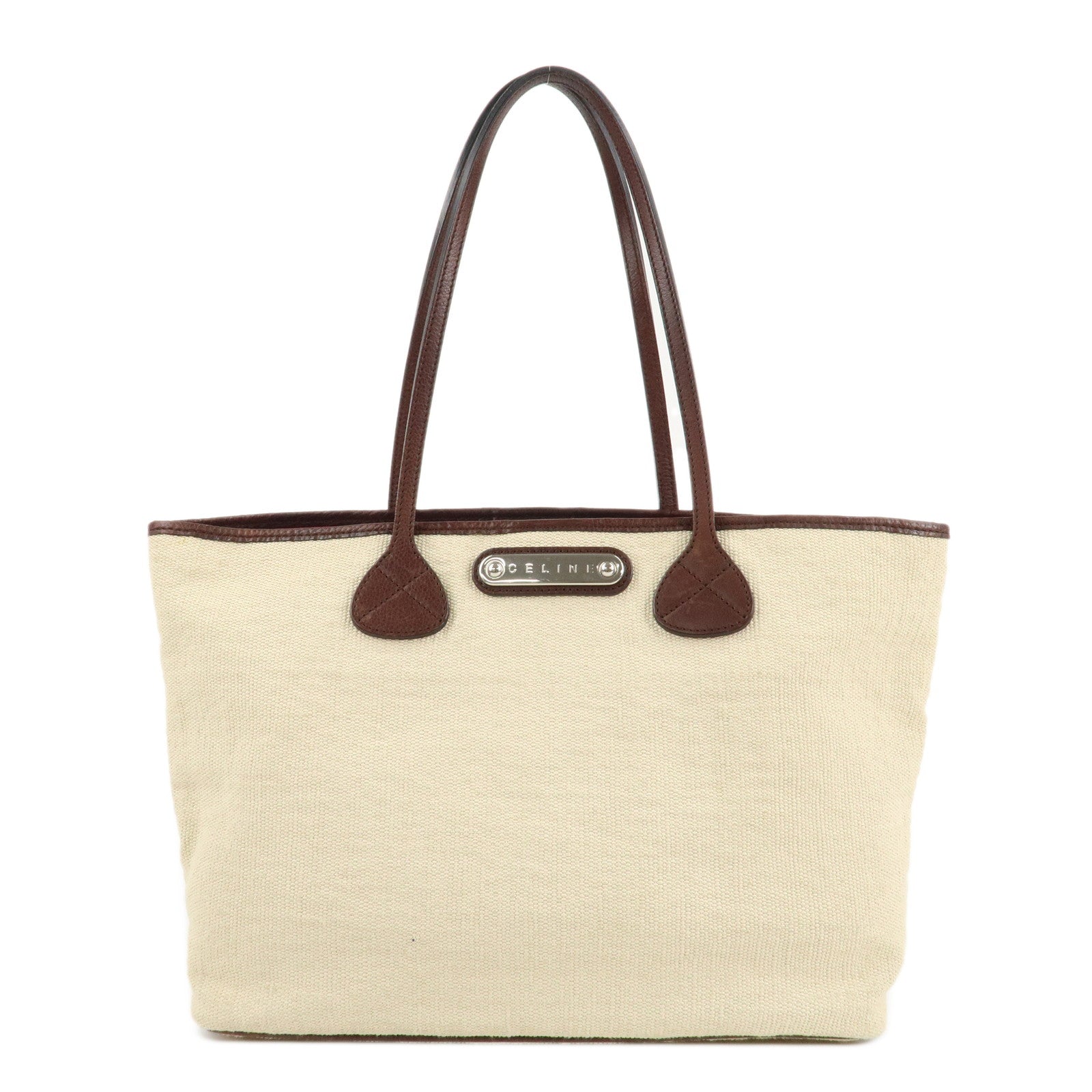 CELINE-Canvas-Leather-Tote-Bag-Hand-Bag-Ivory-Dark-Brown