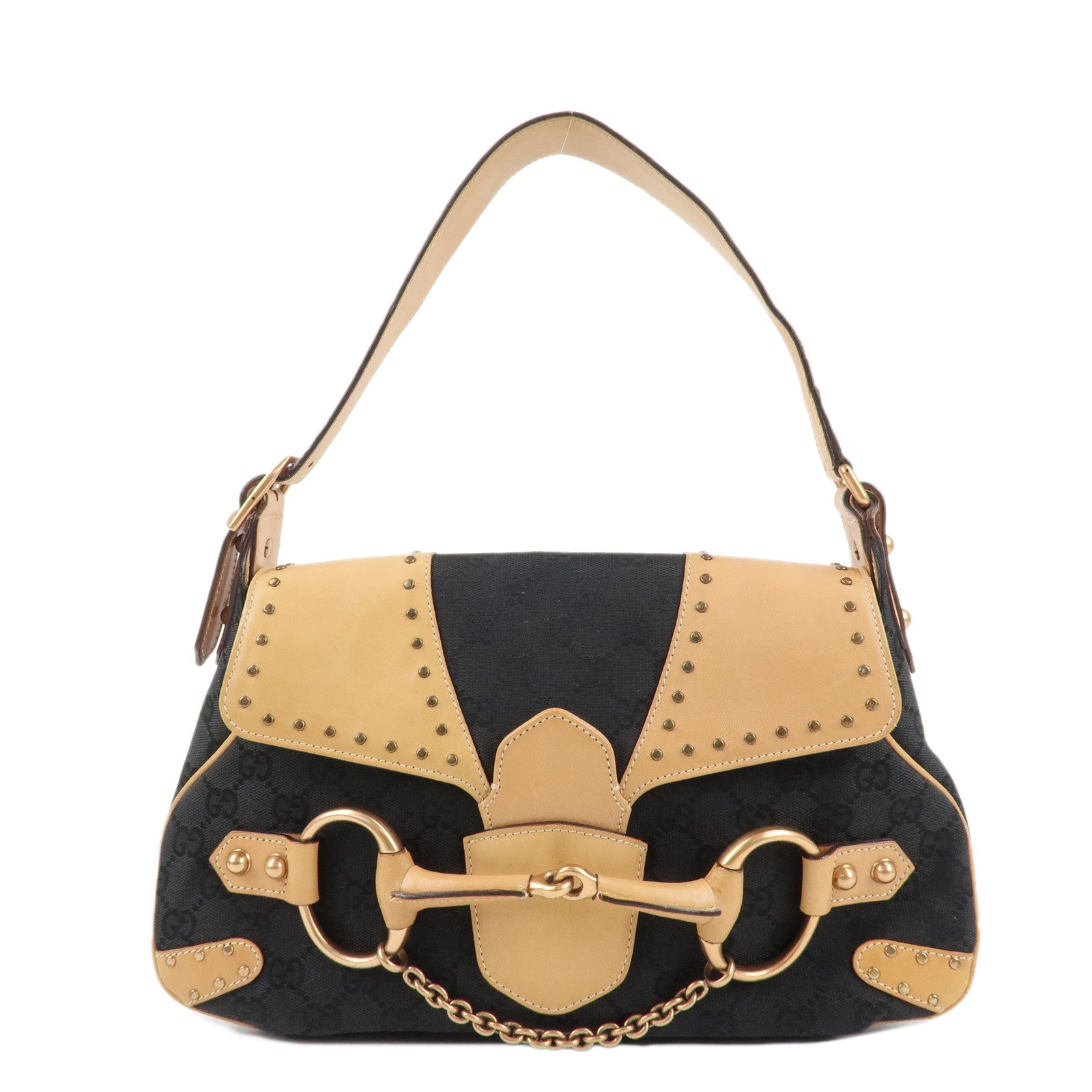 GUCCI-Horsebit-GG-Canvas-Leather-Studs-Shoulder-Bag-Black-114915