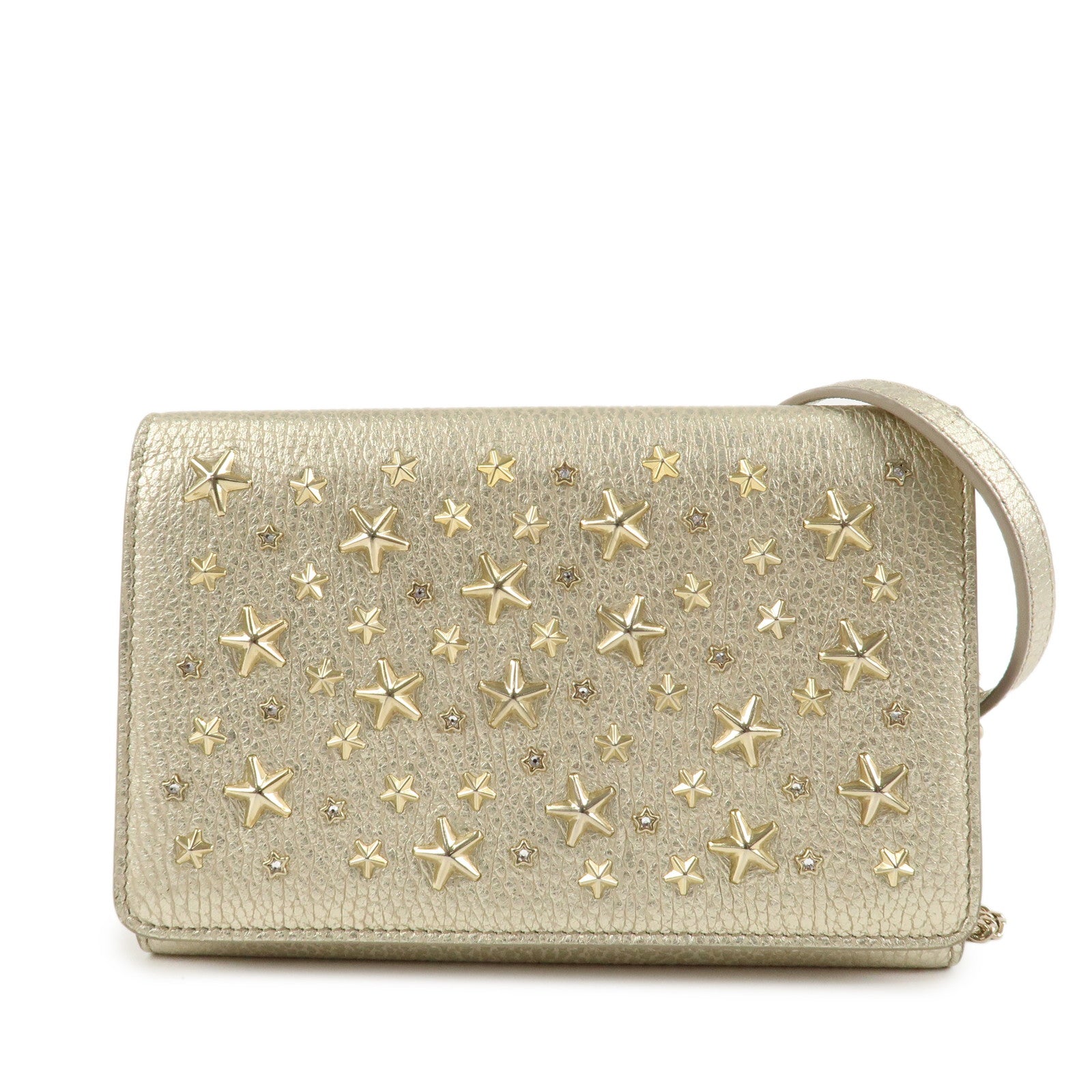 JIMMY-CHOO-Leather-Studs-Chain-Wallet-Shoulder-Wallet-Gold