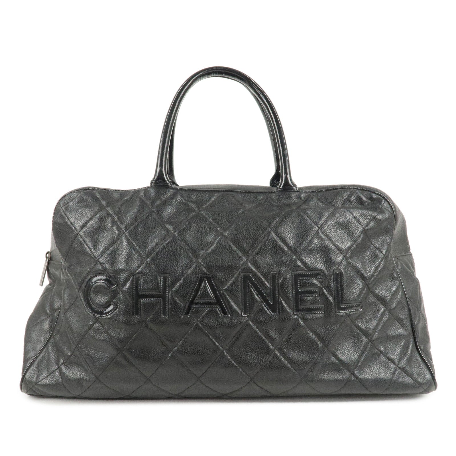 CHANEL-Matelasse-Caviar-Skin-Patent-Boston-Bag-Black