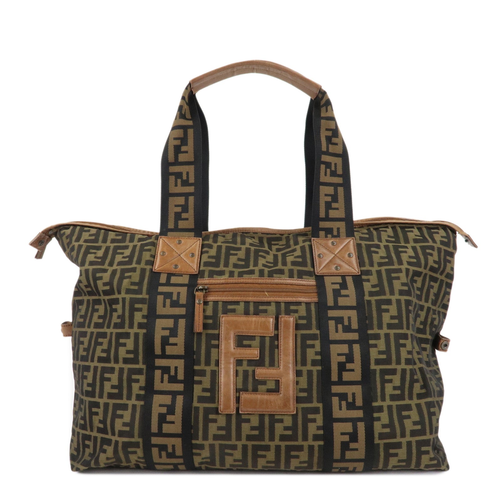 FENDI-Zucca-Nylon-Leather-Boston-Bag-Brown-Black-7VS071