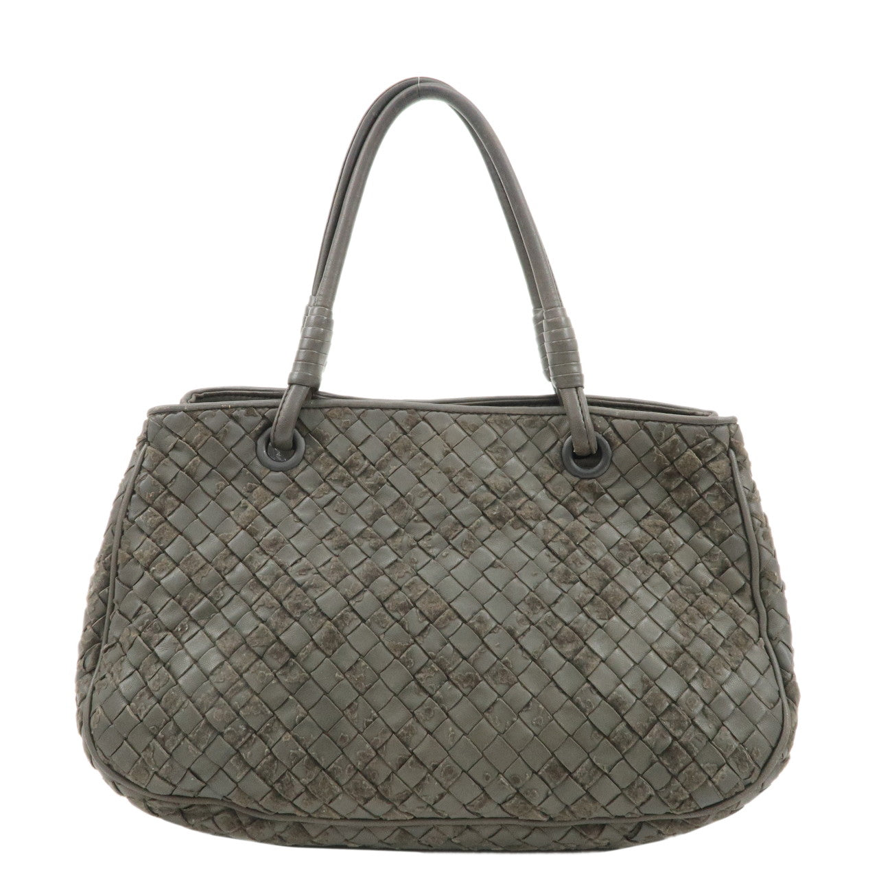 BOTTEGA-VENETA-Intrecciato-Leather-Hand-Bag-Tote-Bag-Khaki