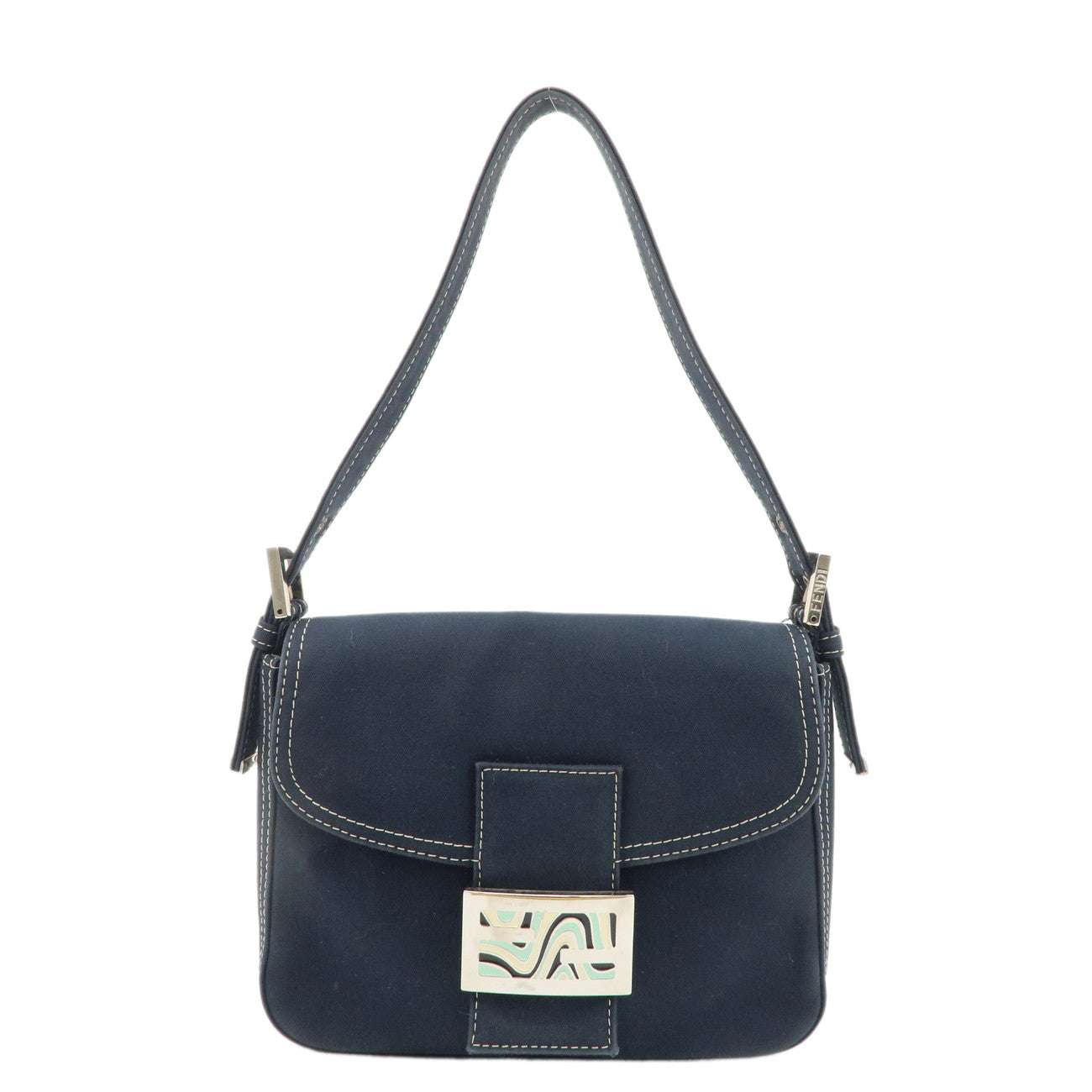 FENDI-Logo-Canvas-Shoulder-Bag-Hand-Bag-Navy