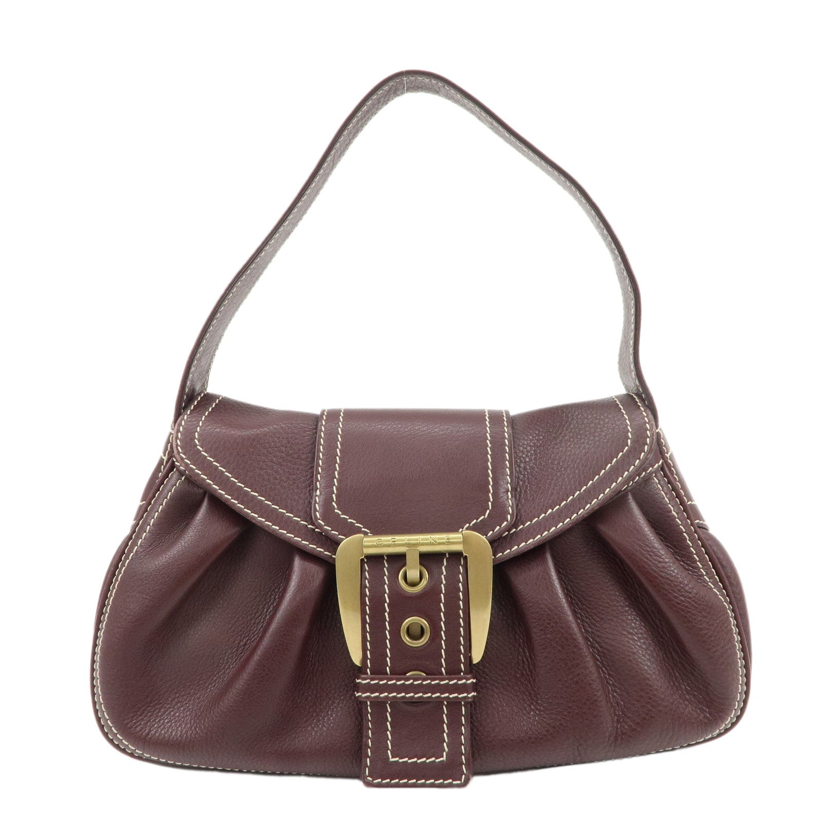 CELINE-Leather-Shoulder-Bag-Hand-Bag-Brown-Gold-Hardware