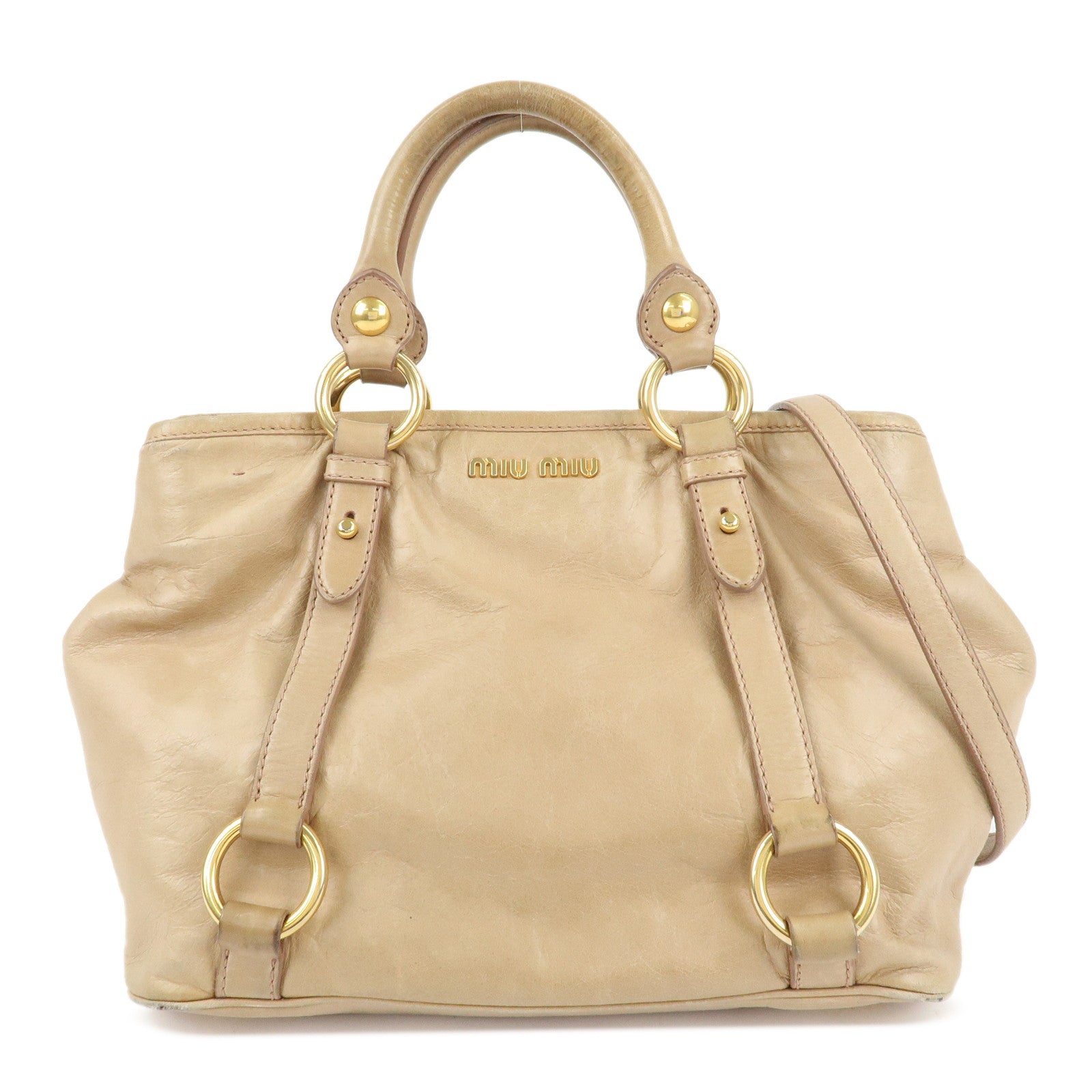 MIU-MIU-Logo-Leather-2WAY-Bag-Shoulder-Bag-Hand-Bag-Beige