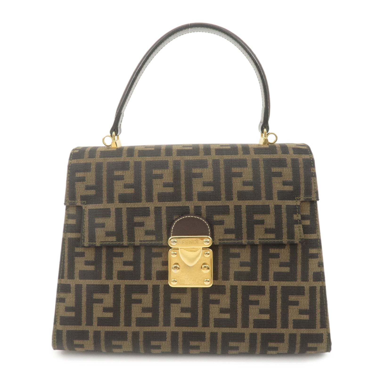 FENDI-Zucca-Canvas-Leather-Hand-Bag-Khaki-Brown-Black