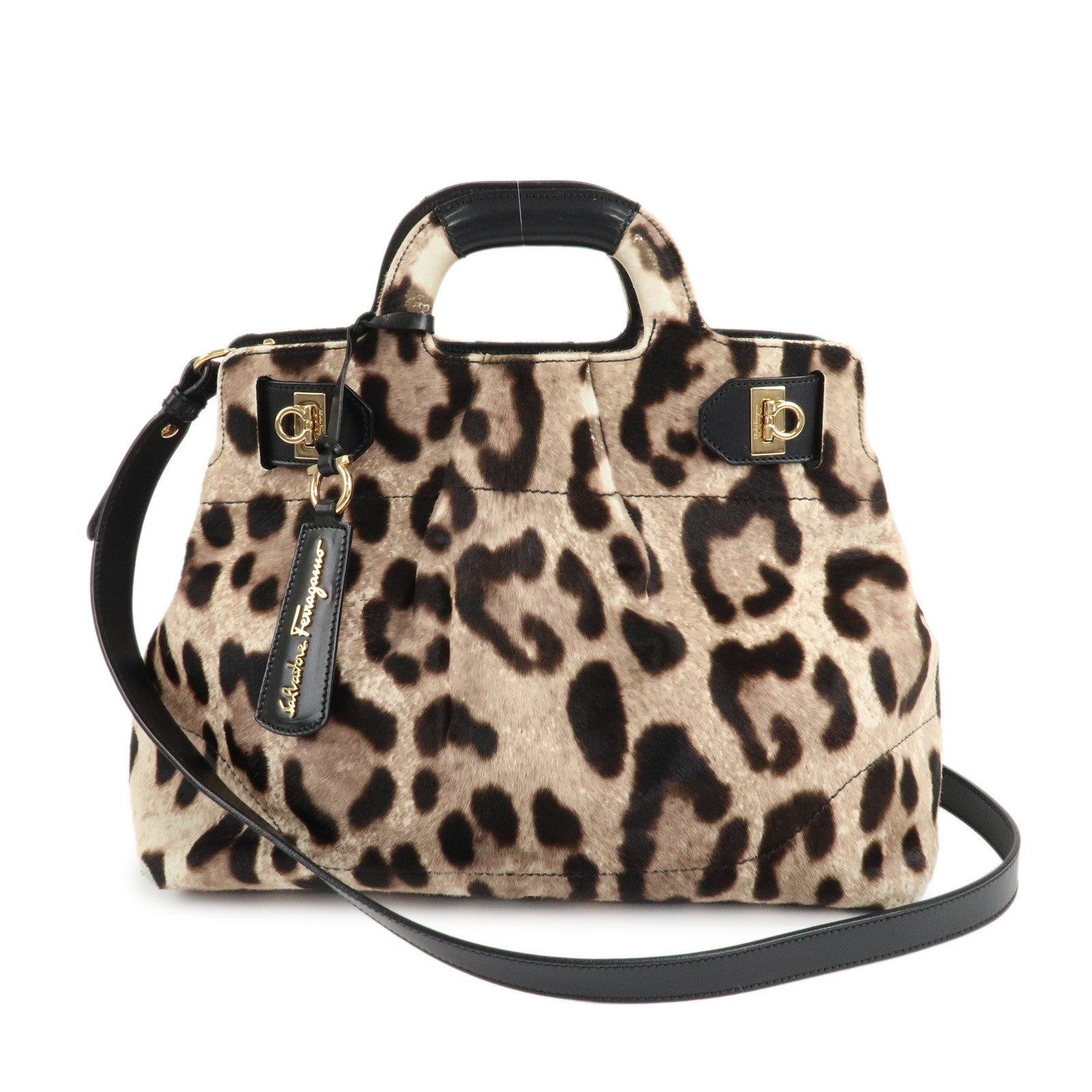 Ferragamo-Gancini-Unborn-Calf-Leather-2Way-Bag-Leopard-Hand-Bag