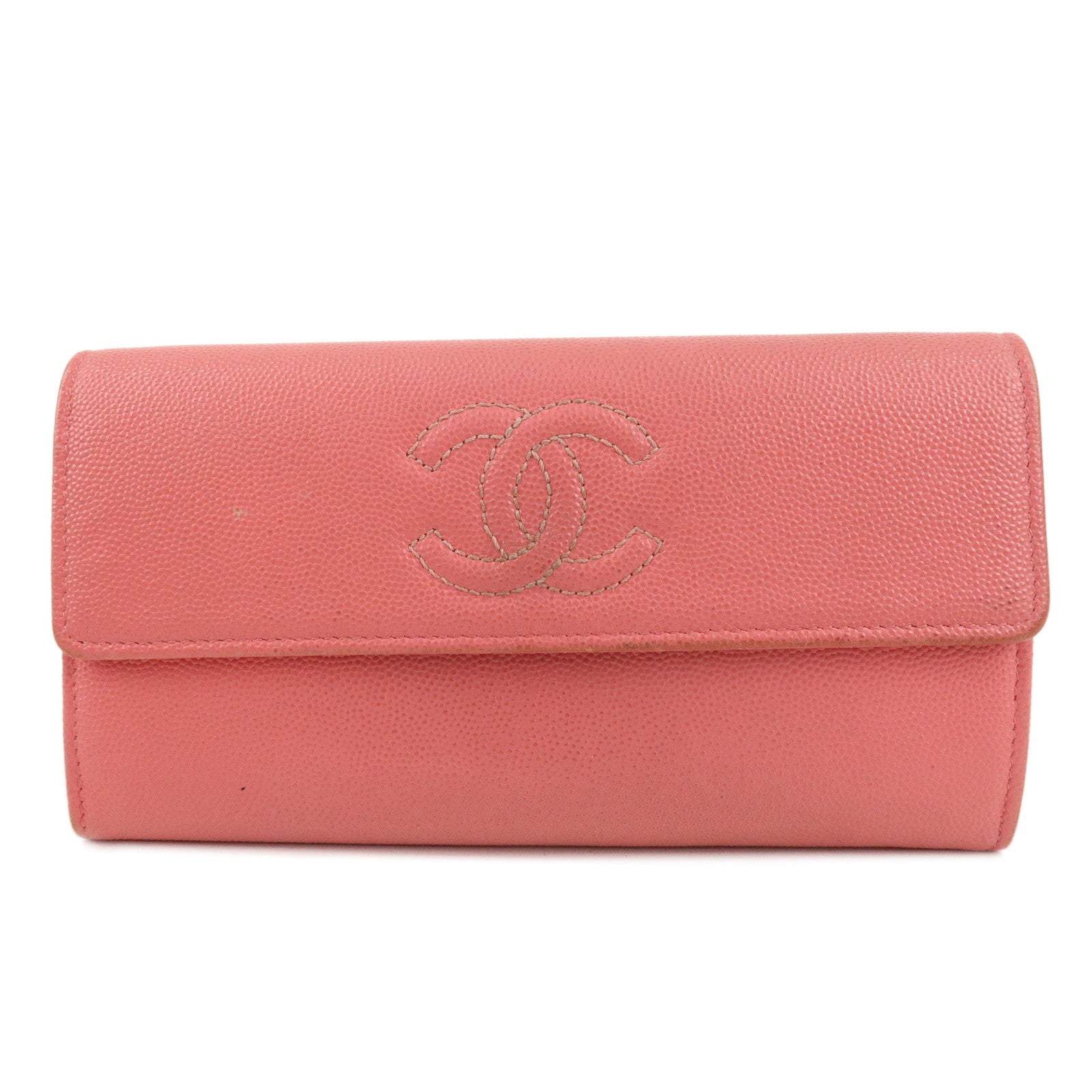 CHANEL-Caviar-Skin-Coco-Mark-Bi-fold-Long-Wallet-Pink