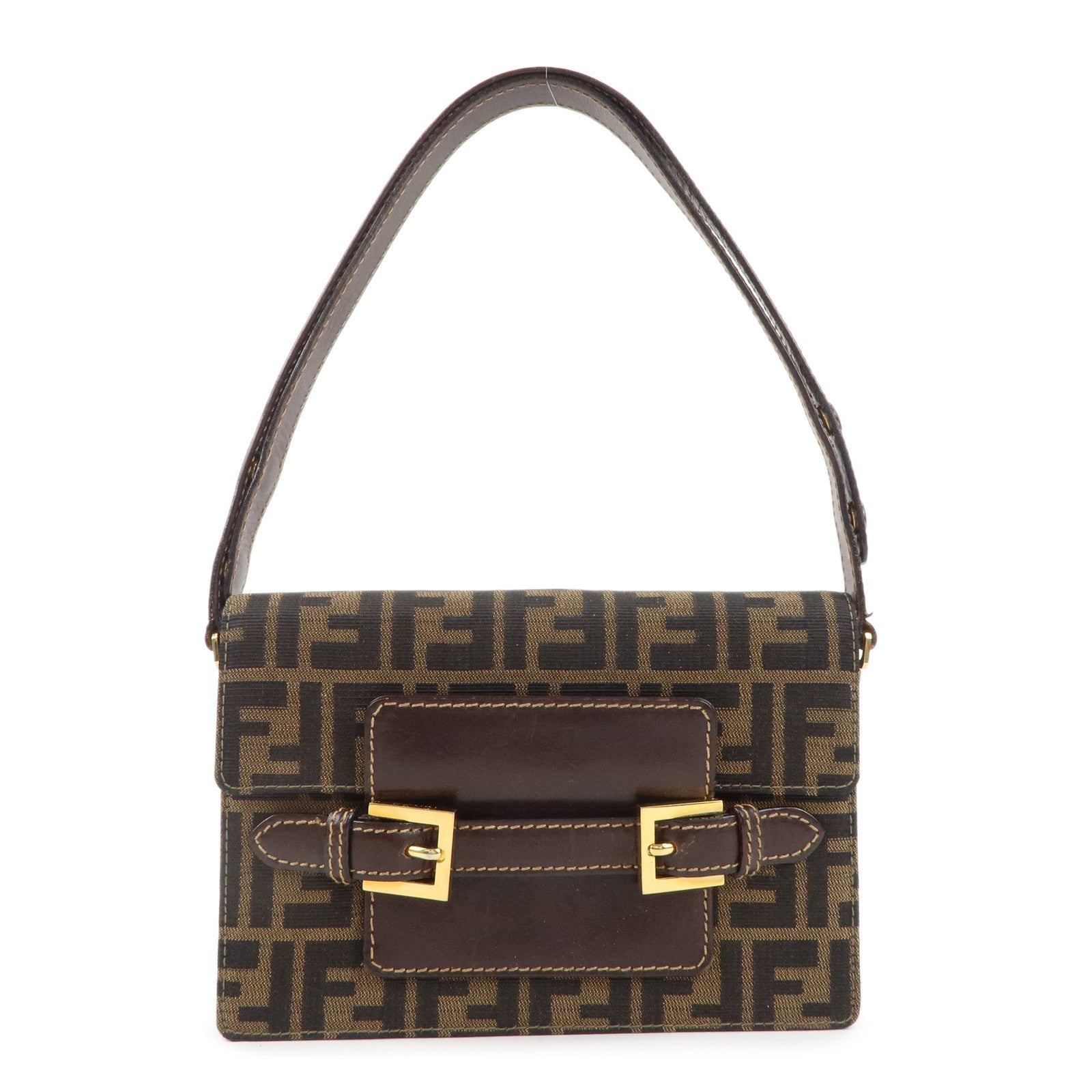 FENDI-Zucca-Canvas-Leather-Shoulder-Bag-Brown-Black-15079