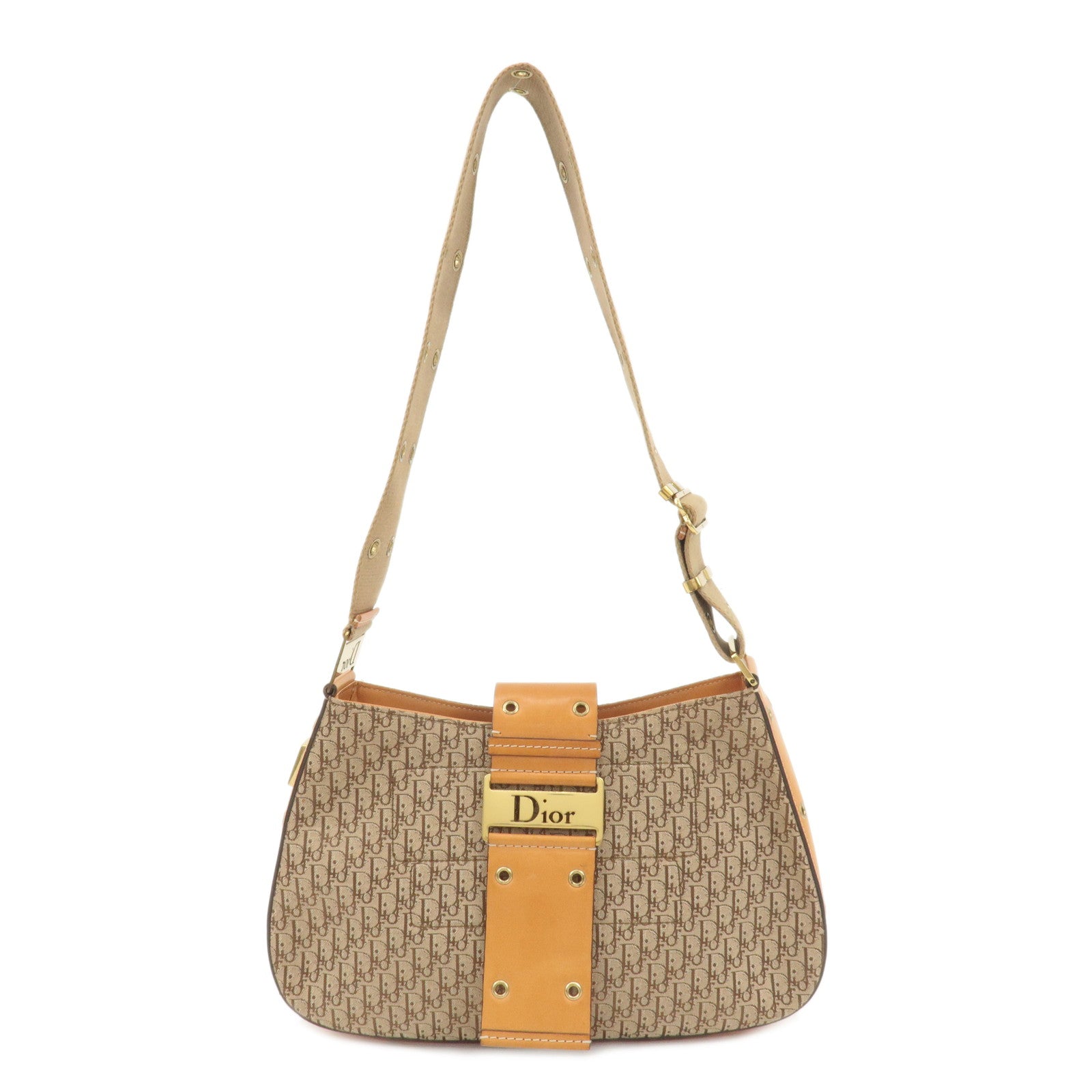 Christian-Dior-Trotter-Canvas-Leather-Shoulder-Bag-Beige-Brown