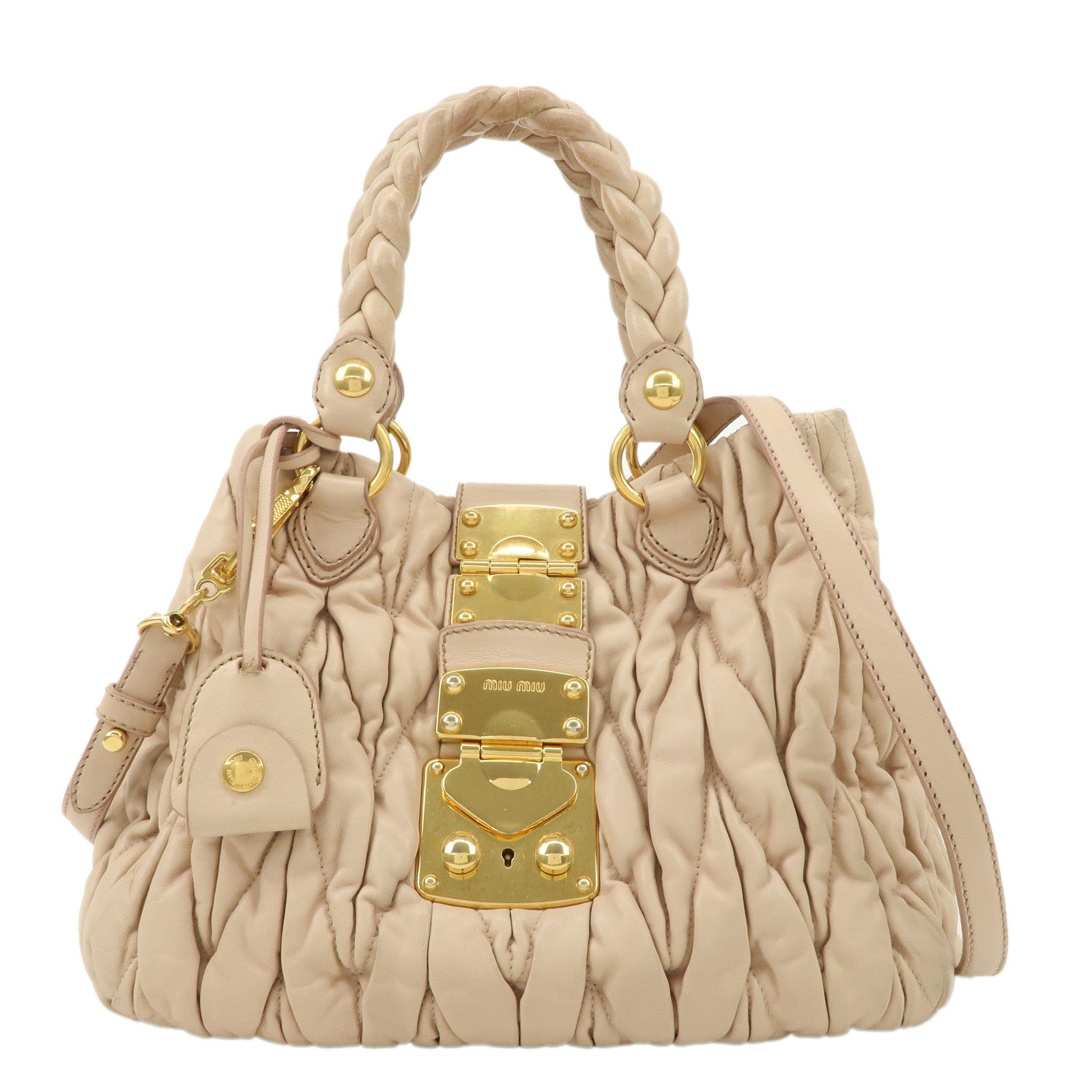 MIU-MIU-Matelasse-Leather-2Way-Bag-Shoulder-Bag-Hand-Bag-Beige