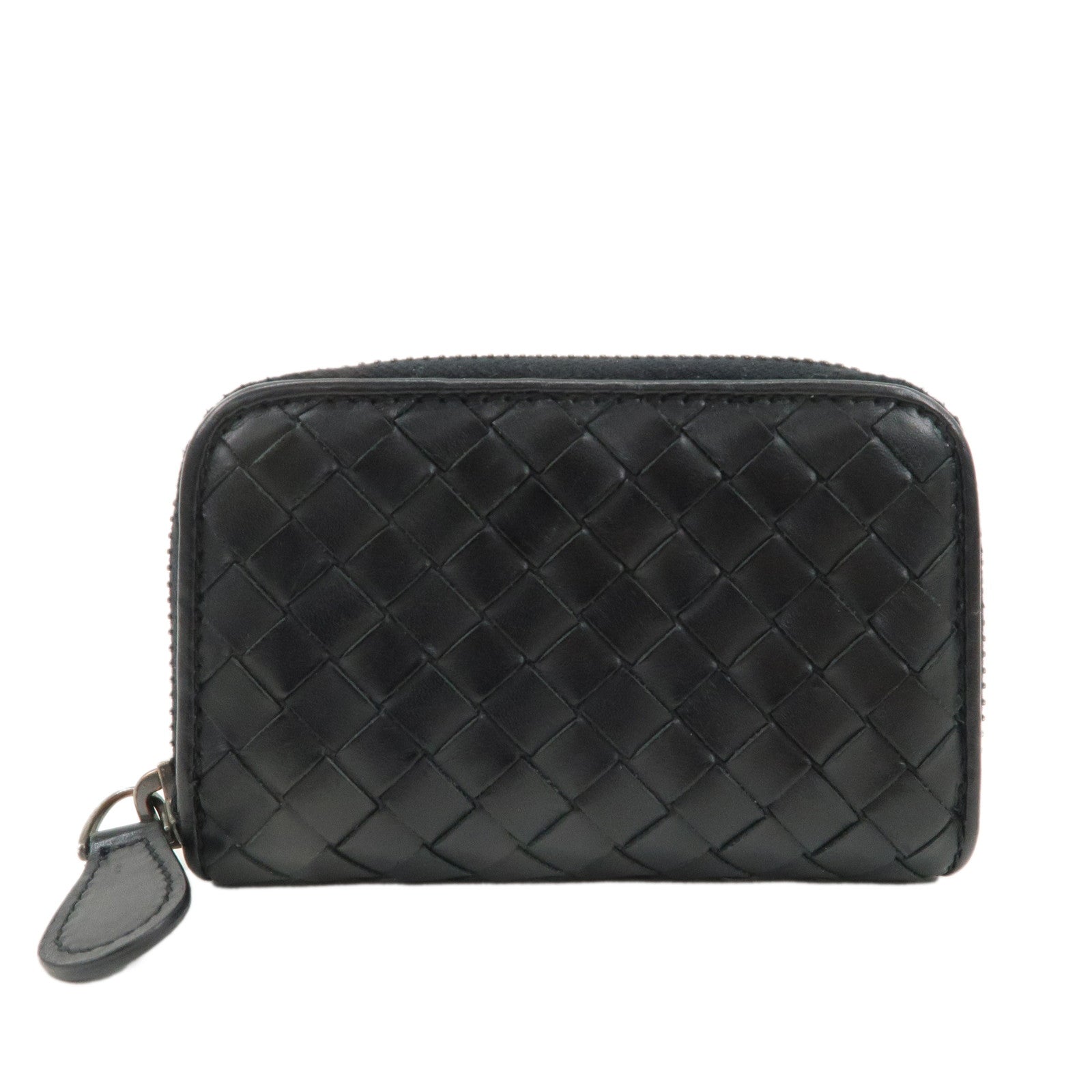 BOTTEGA-VENETA-Intrecciato-Leather-Zip-Round-Coin-Case-Black