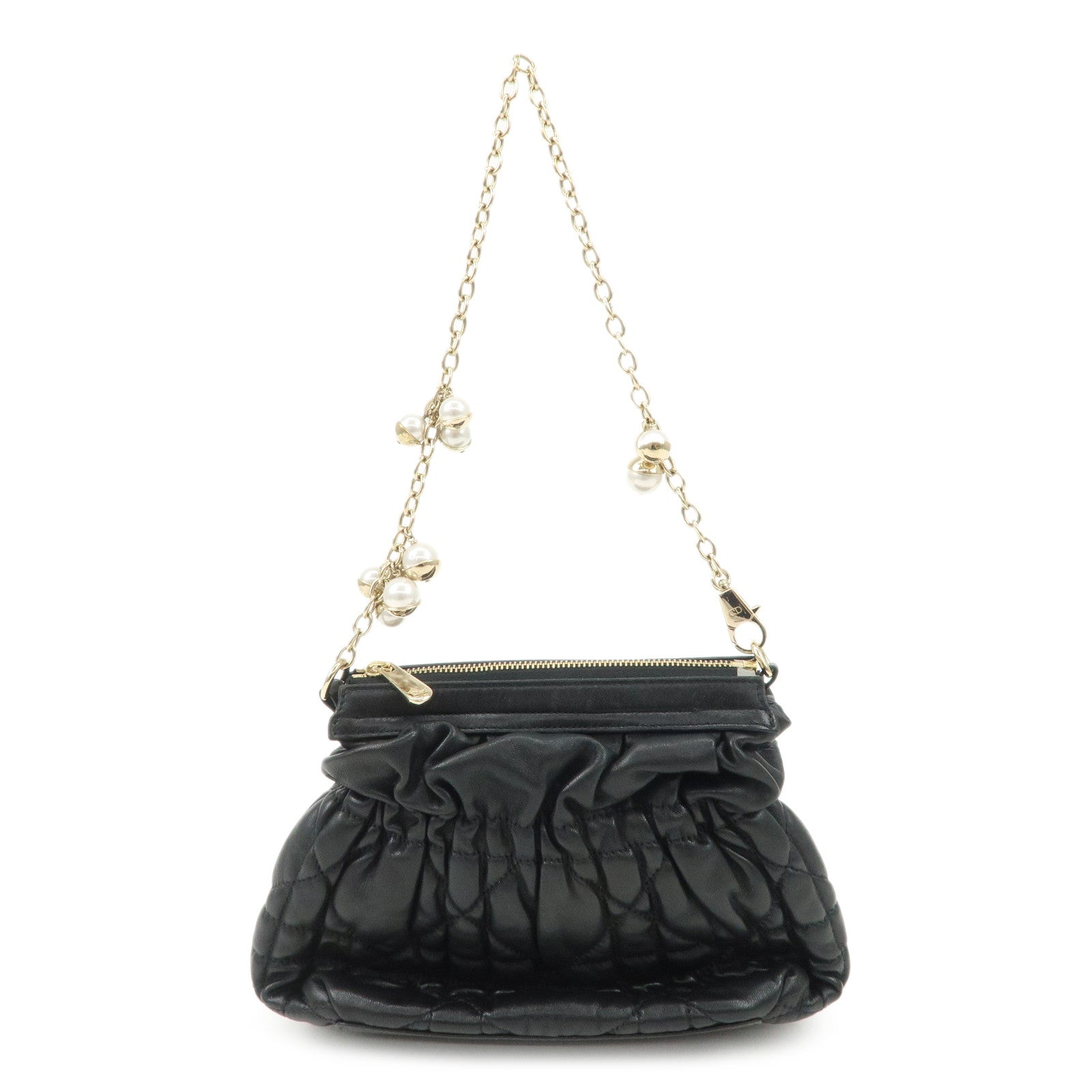 Christian-Dior-Leather-Peal-Chain-Shoulder-Bag-Hand-Bag-Black