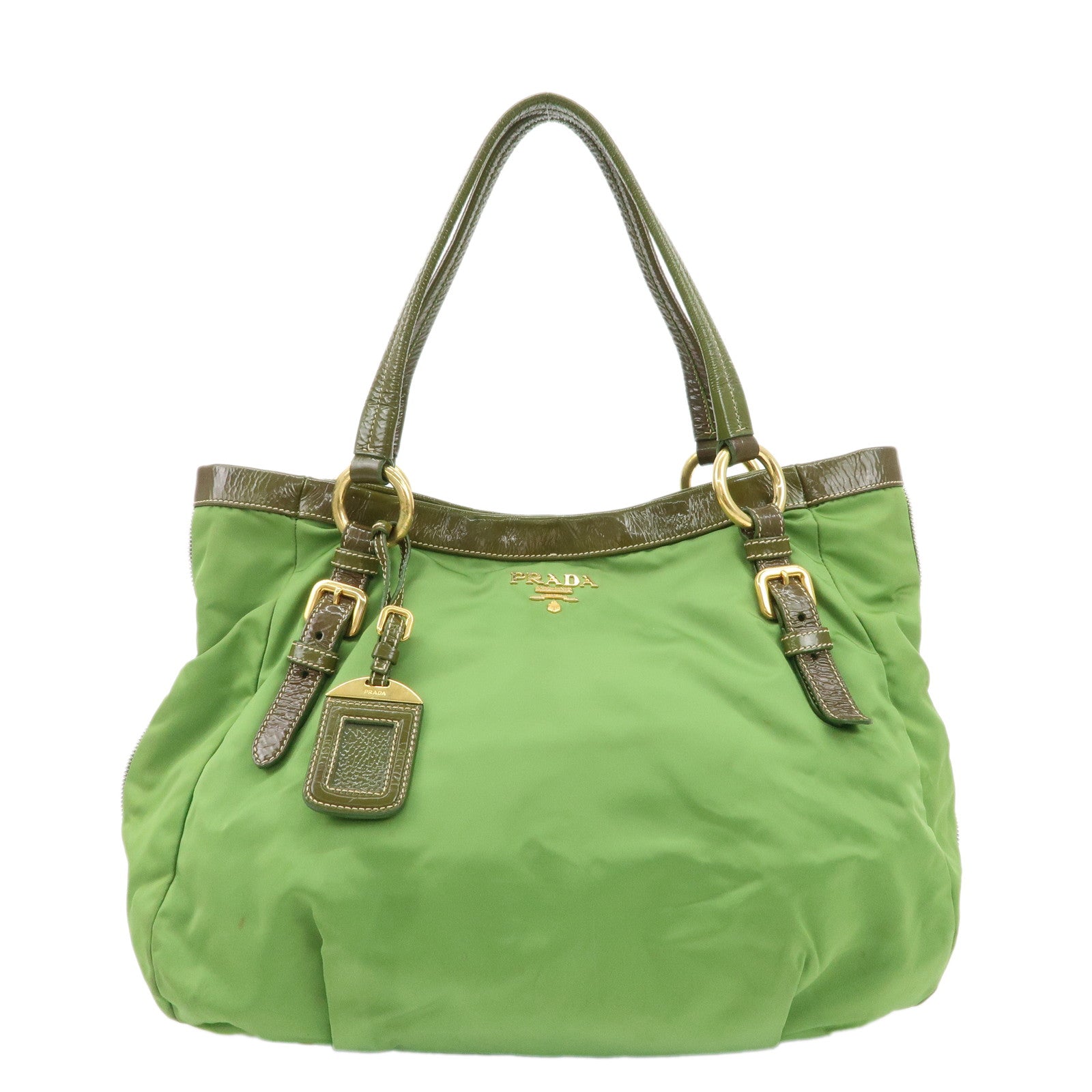 PRADA-Nylon-Patent-Leather-Tote-Bag-Shoulder-Bag-Green-Khaki