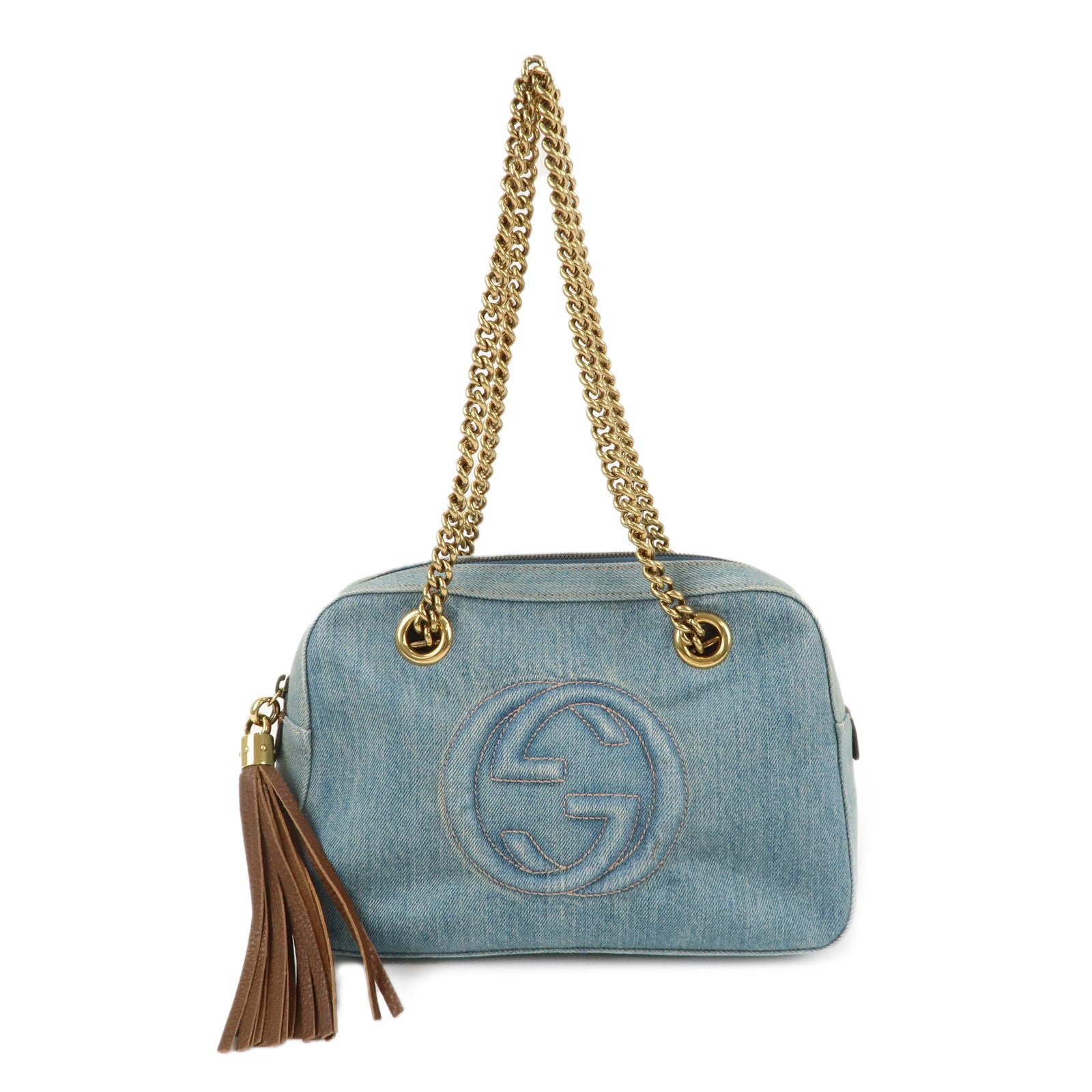 GUCCI SOHO Interlocking G Denim Leather Chain Shoulder Bag 308988