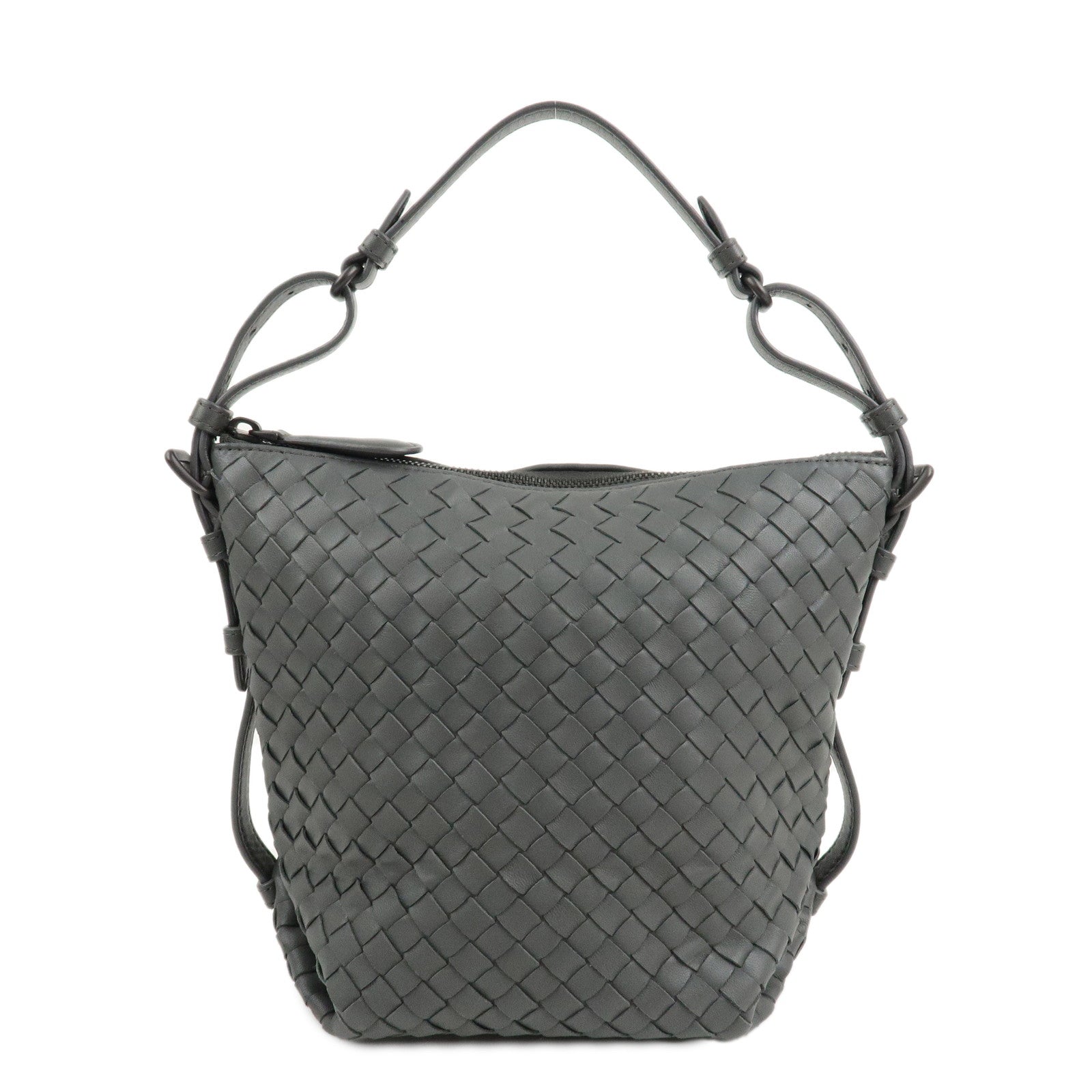 BOTTEGA-VENETA-Intrecciato-Leather-Semi-Shoulder-Bag-Gray