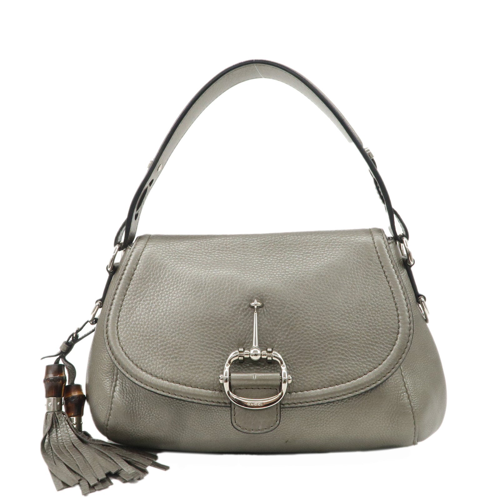 GUCCI-Bamboo-Horsebit-Leather-Shoulder-Bag-Gray-240266