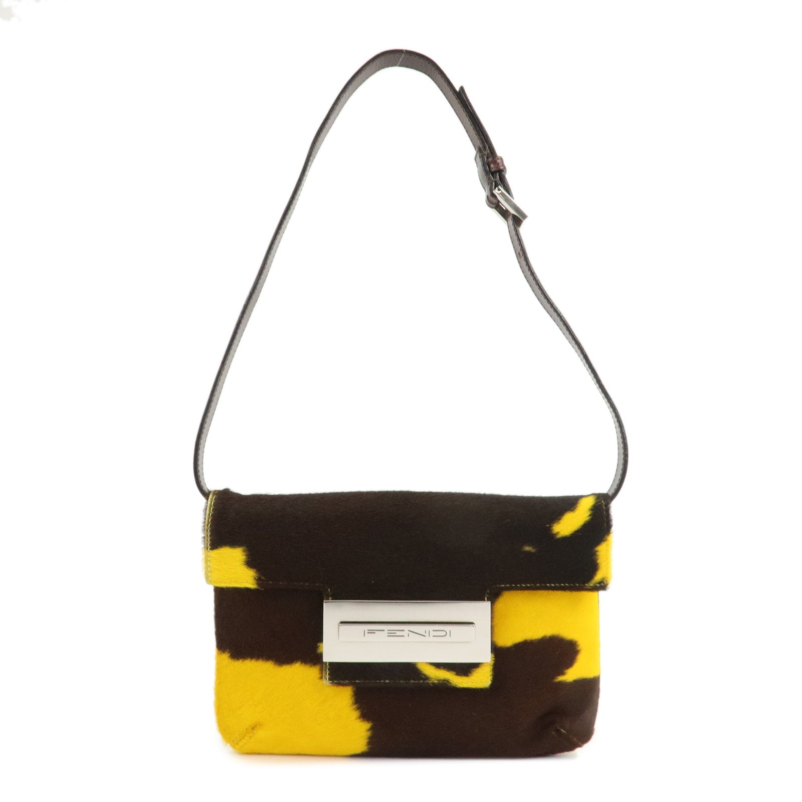 FENDI-COW-Unborn-Calf-Leather-Shoulder-Bag-Yellow-Brown