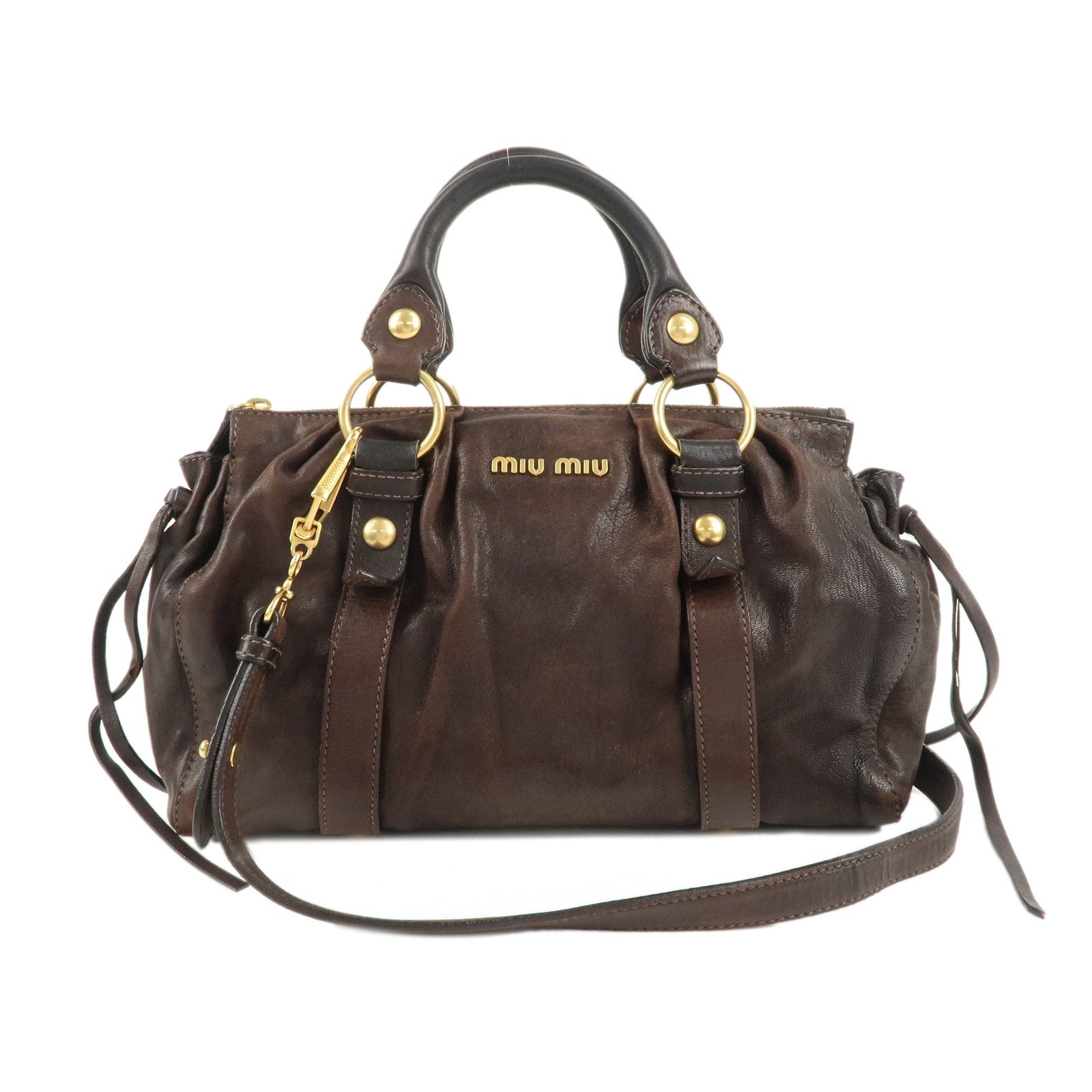 MIU MIU Leather 2Way Bag Hand Bag Shoulder Bag Dark Brown RT0384