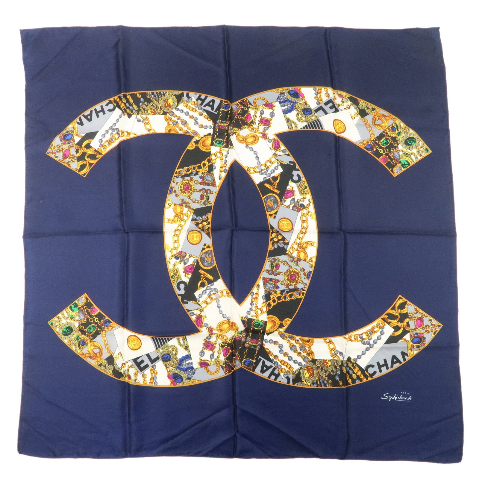 CHANEL-COCO-Mark-Scarf-Silk-100-%-Navy-Blue-Gold