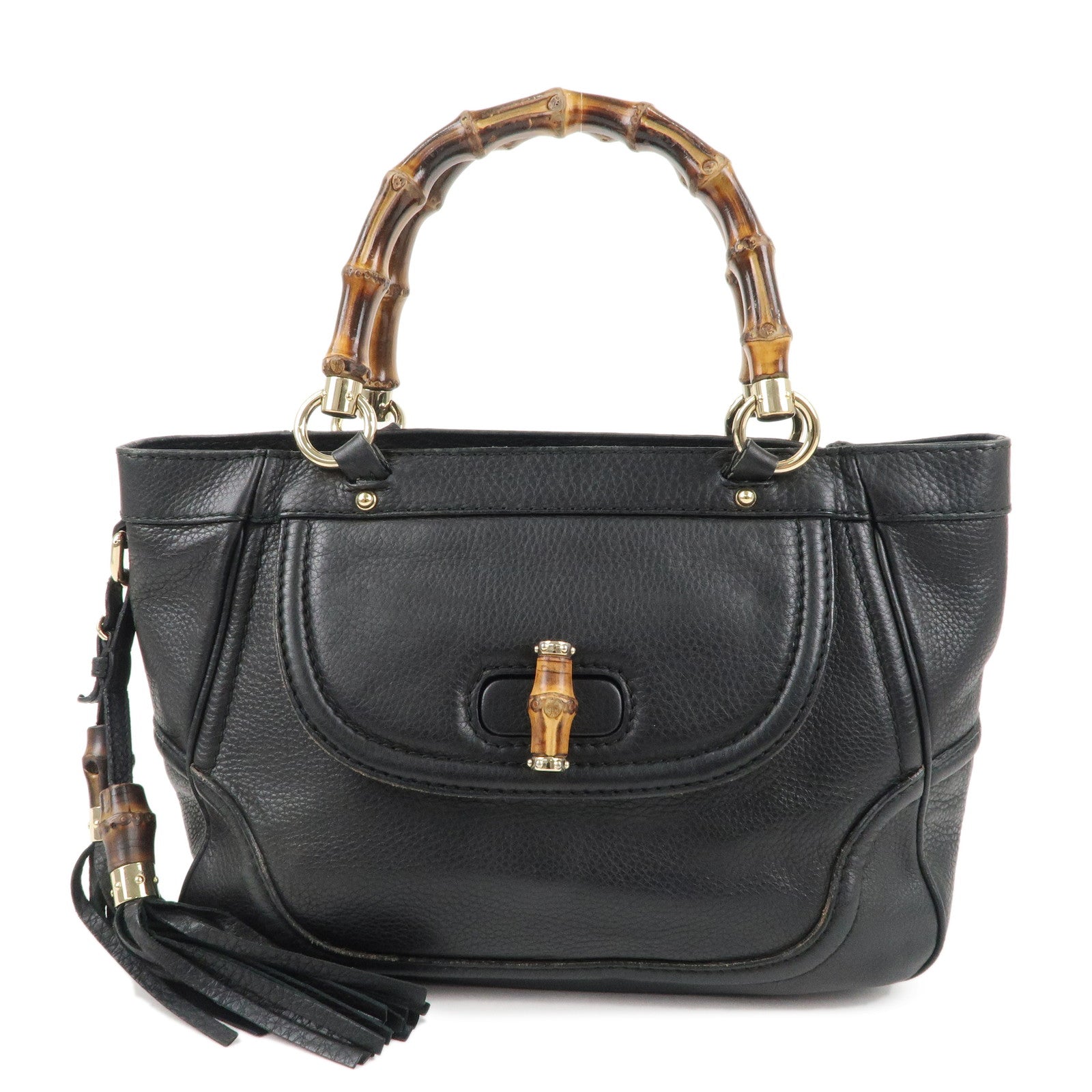 GUCCI-Bamboo-Leather-Tote-Bag-Hand-Bag-Black-246879