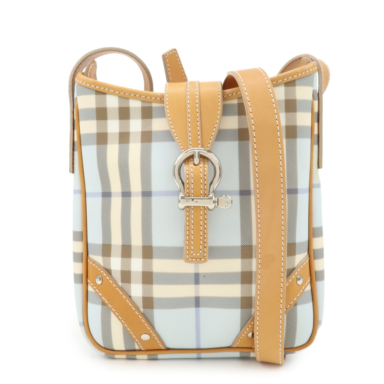 BURBERRY-PVC-Leather-Nova-Plaid-Shoulder-Bag-Hand-Bag-Beige-Blue