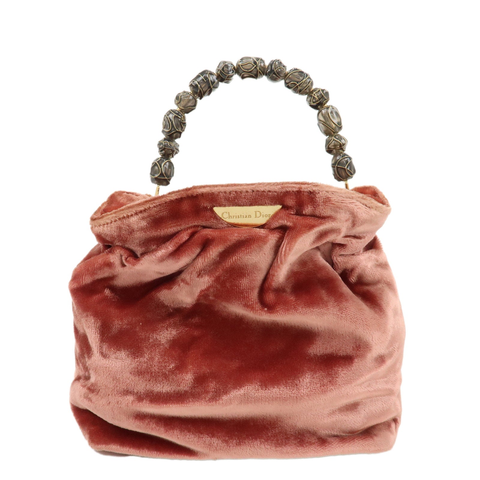 Christian-Dior-Satin-Velour-Hand-Bag-Pink-Brown-Small