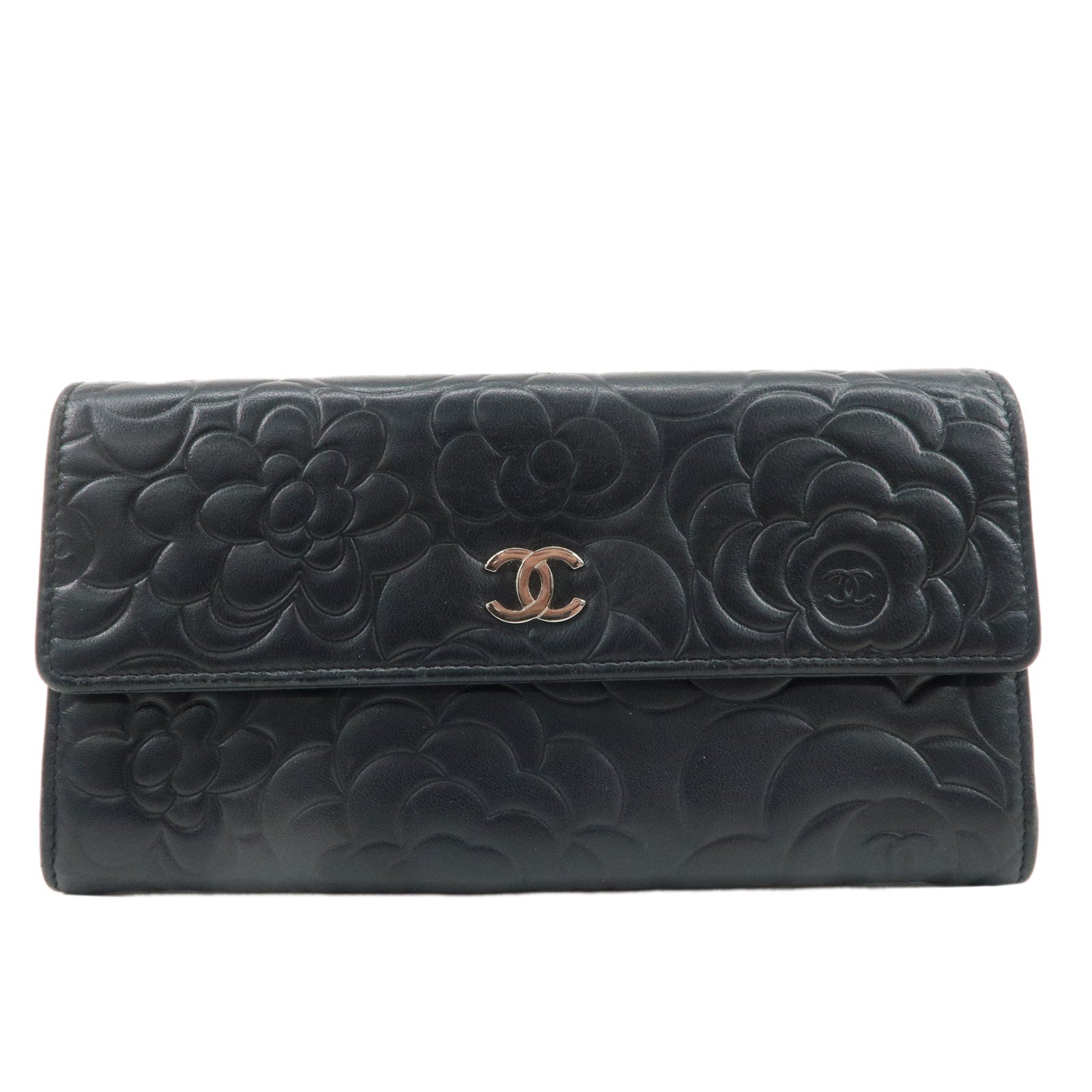 CHANEL-Camelia-Coco-Mark-Leather-Bi-fold-Long-Wallet-Black