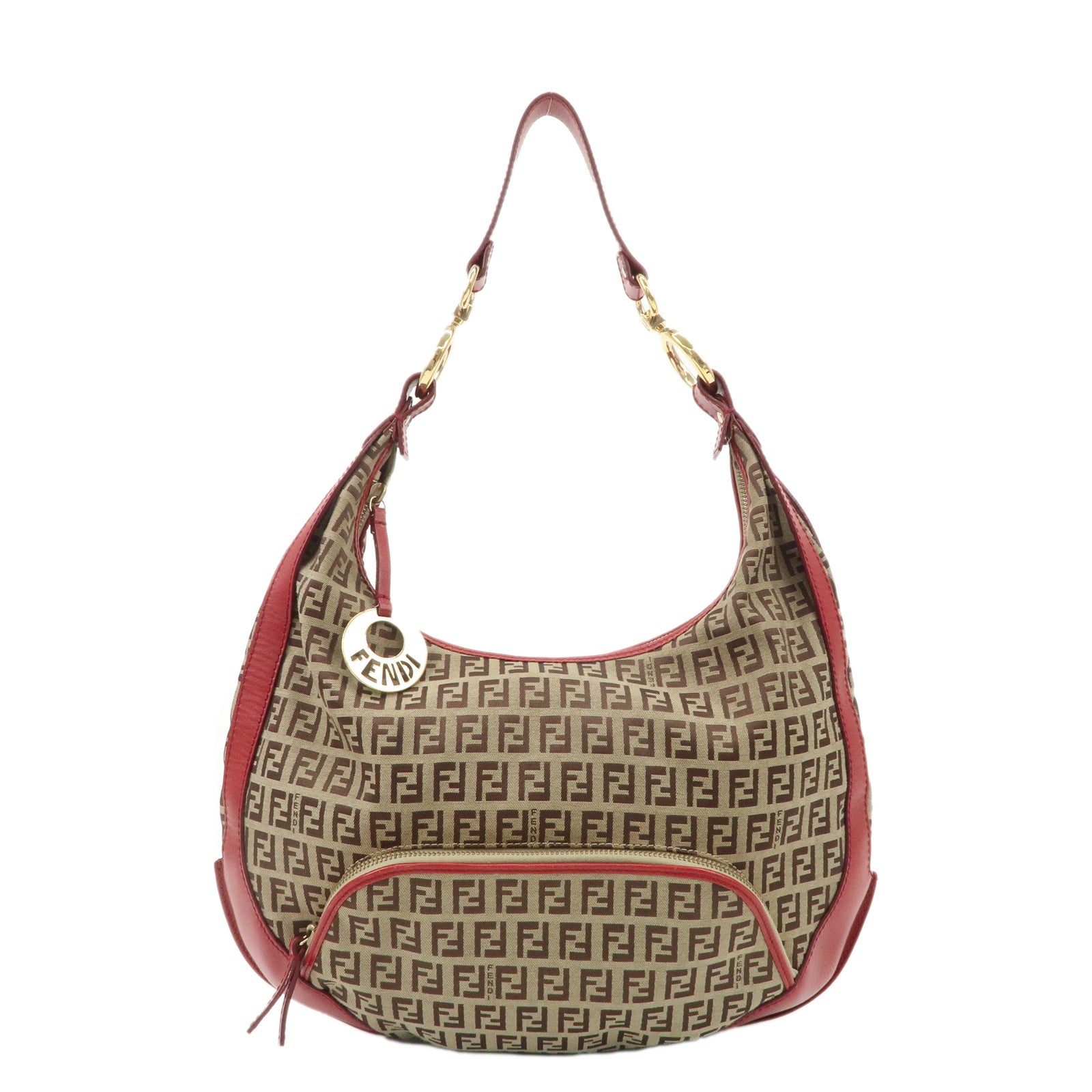 FENDI-Zucchino-Canvas-Leather-Shoulder-Bag-Khaki-Brown-Red-8BR465