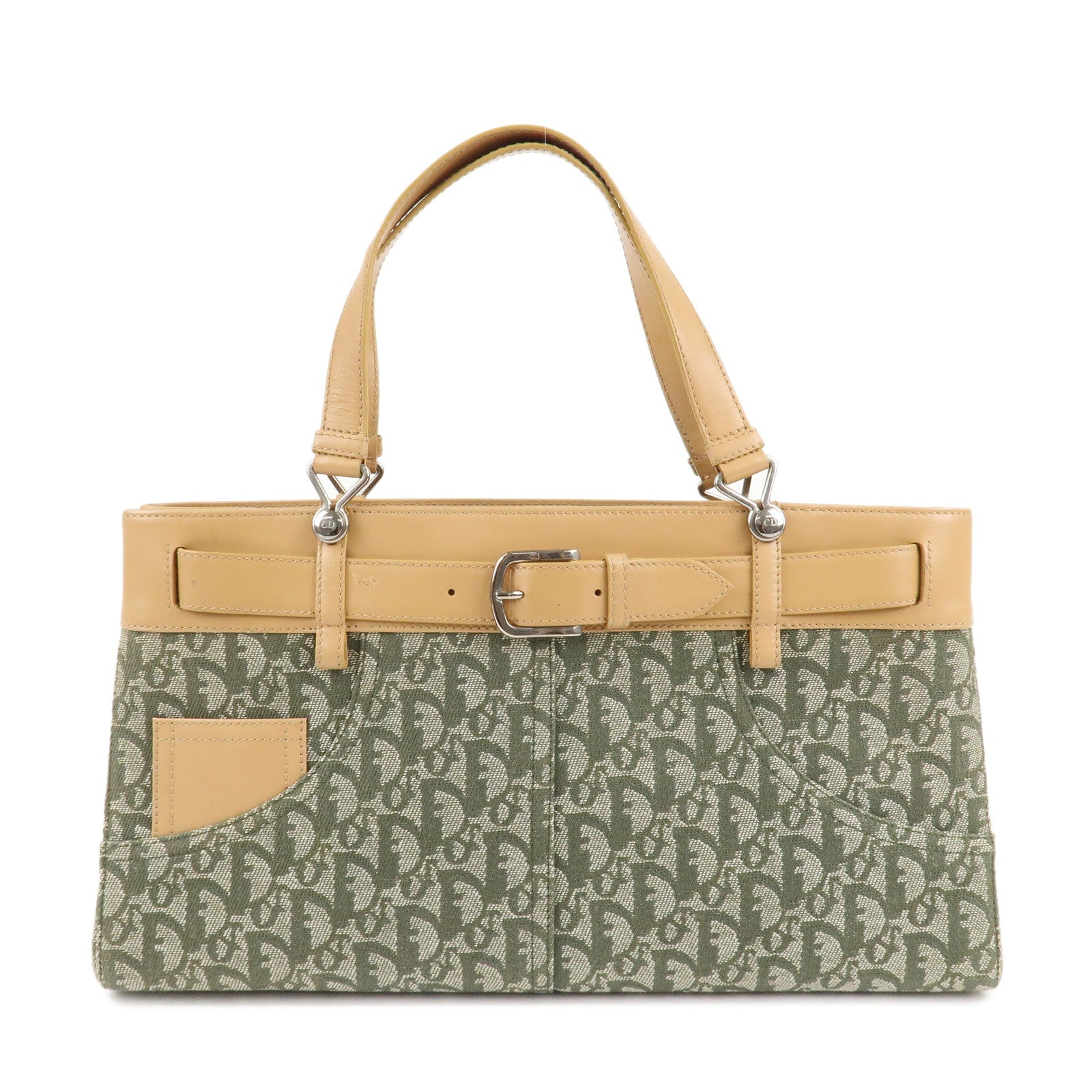 Chiristian-Dior-Trotter-Canvas-Leather-Tote-Bag-Green-White-Beige