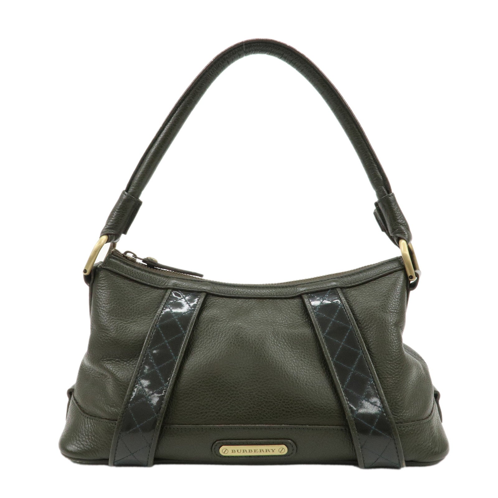 BURBERRY-Leather-Shoulder-Bag-Hand-Bag-Khaki