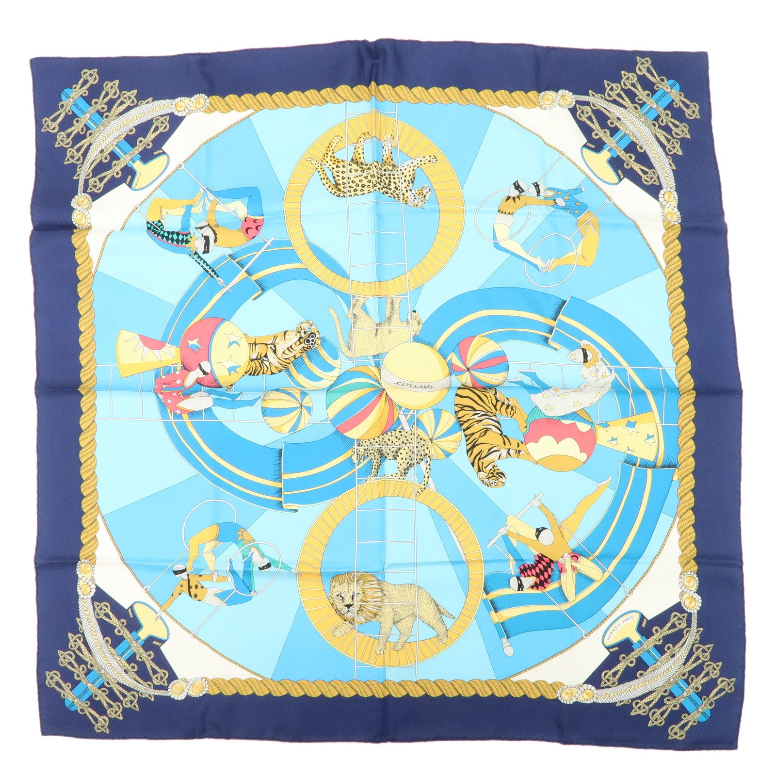 HERMES-Carre-90-Silk-100%--Scarf-Circus-Blue-Navy-Gold