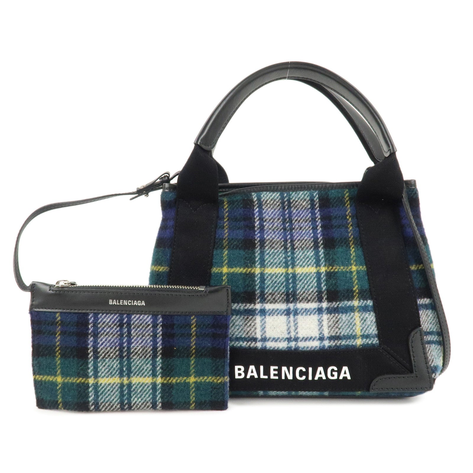 BALENCIAGA-Wool-Leather-Navy-Cabas-XS-Hand-Bag-Tote-Bag-390346