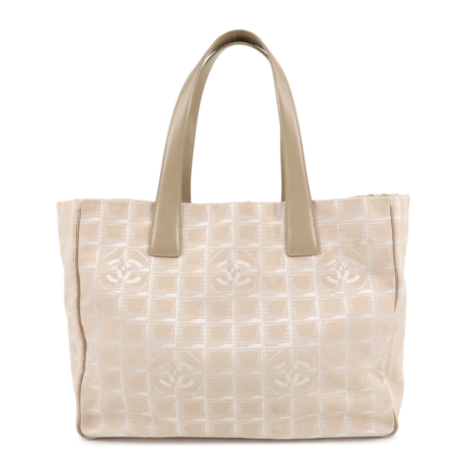 CHANEL-Travel-Line-Nylon-Jacquard-Leather-Tote-MM-Bag-Beige-A15991