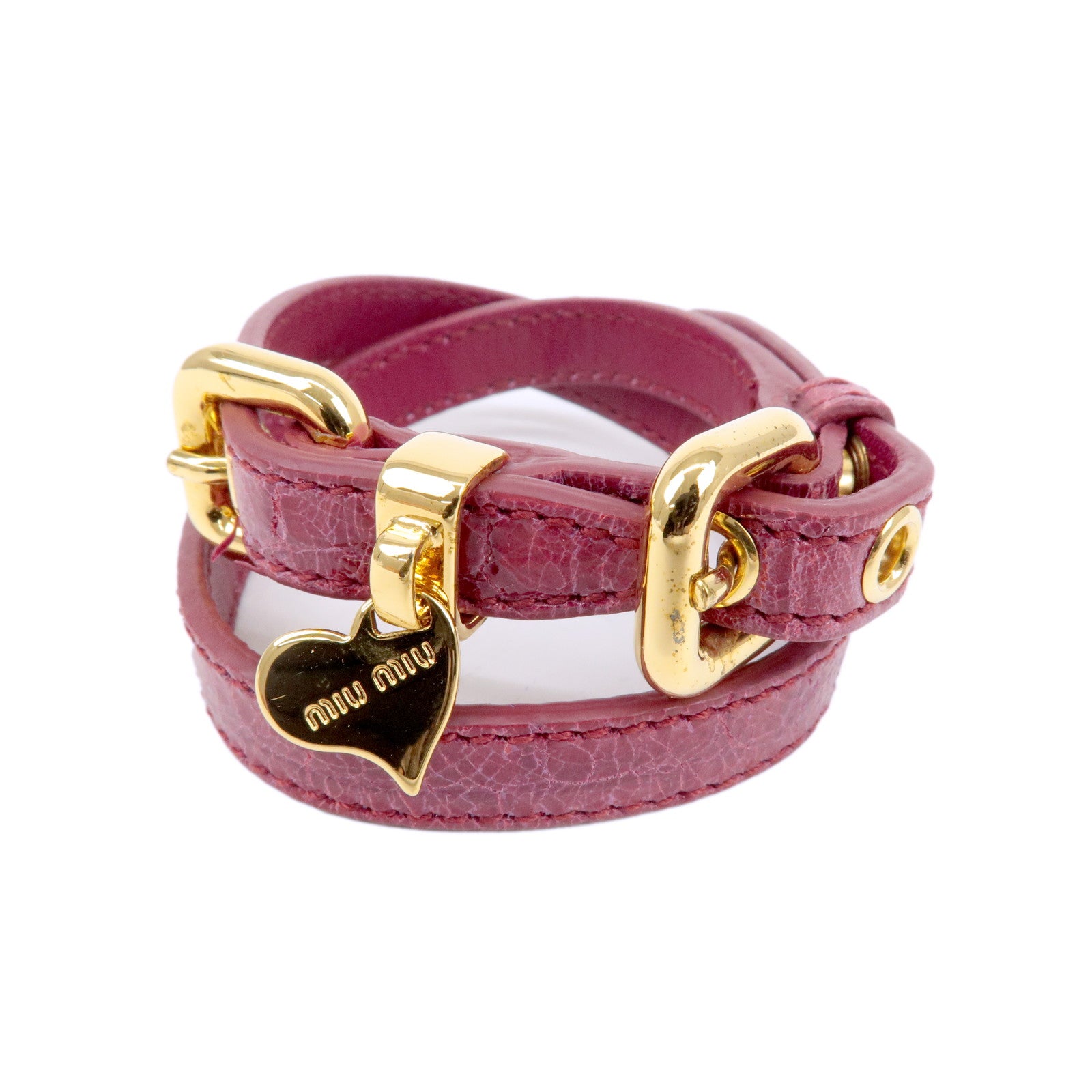 MIU-MIU-Leather-Heart-Bracelet-Pink-Gold-HDW