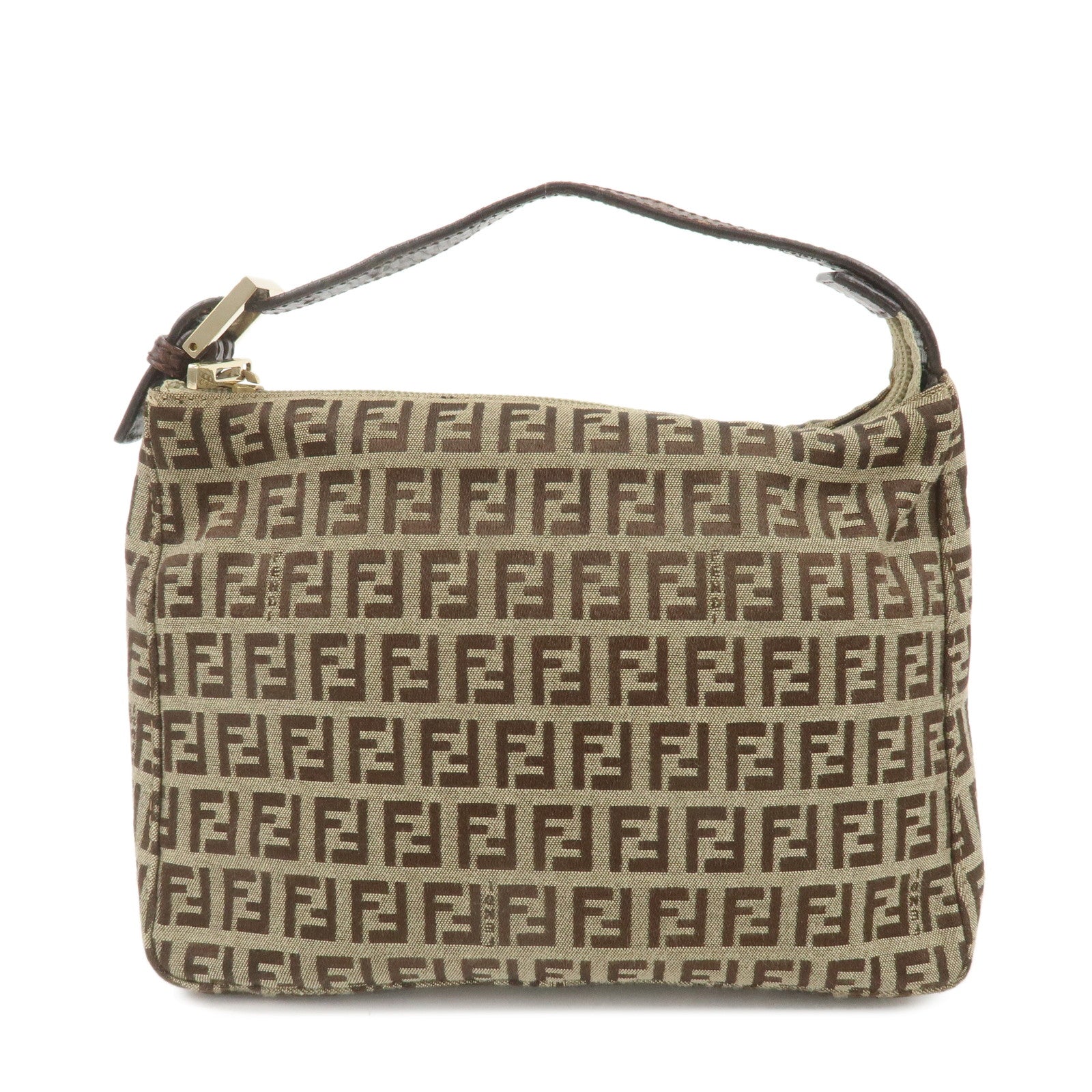 FENDI-Zucchino-Canvas-Leather-Hand-Bag-Pouch-Khaki-Brown-8N0005