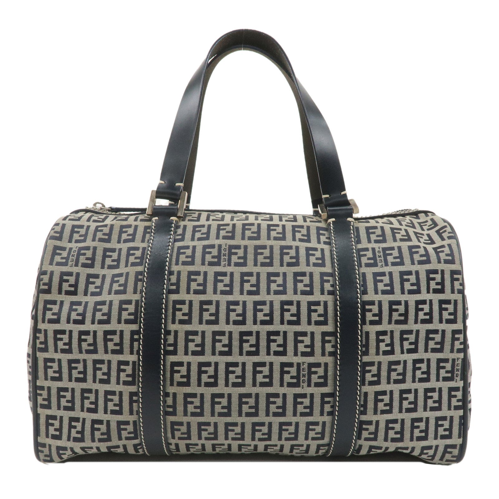 FENDI-Zucchino-Canvas-Leather-Boston-Bag-Beige-Navy-16327