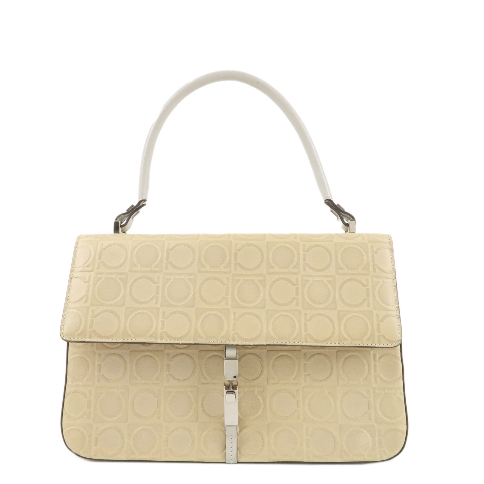 Ferragamo-Gancini-Pattern-Leather-Hand-Bag-Ivory