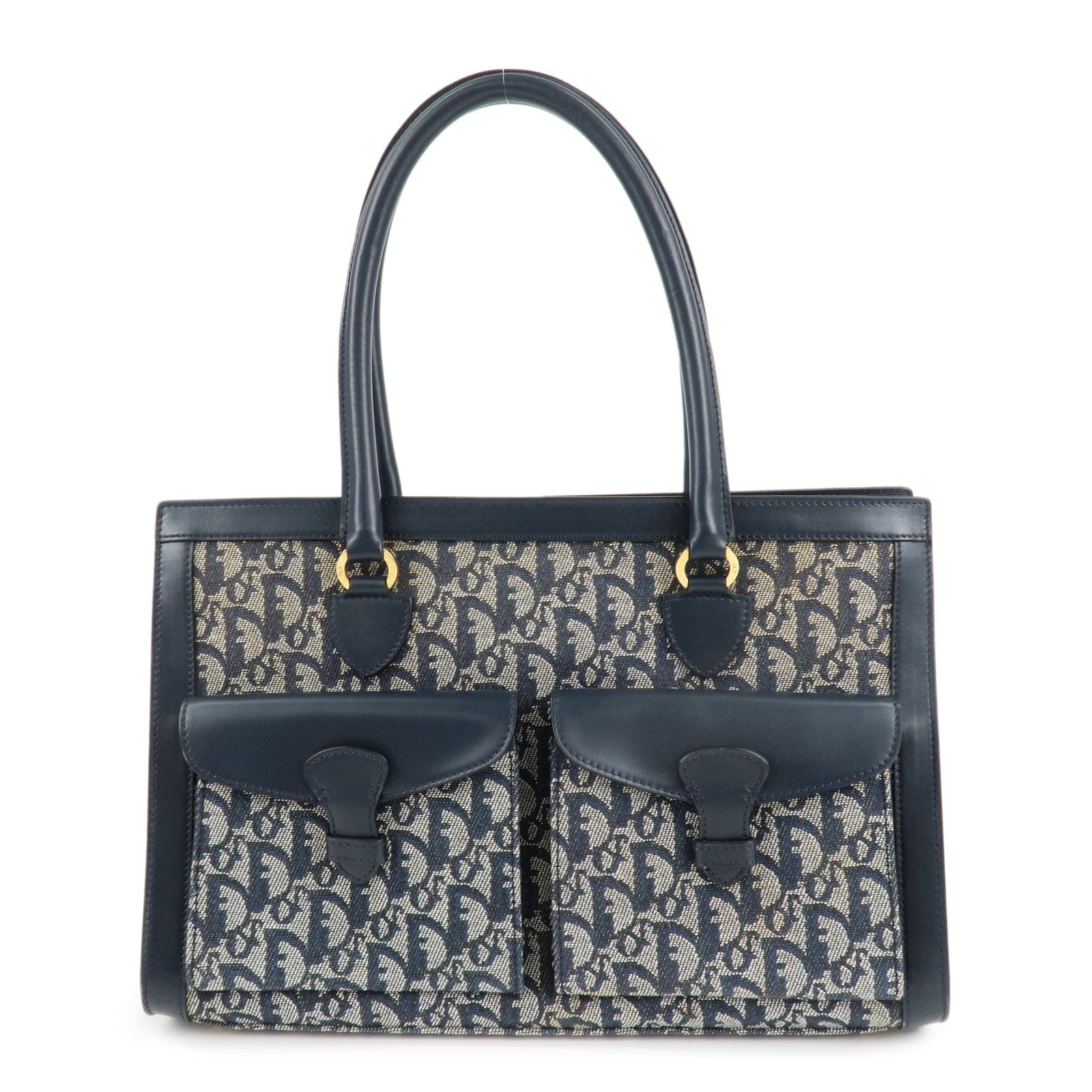 Chiristian-Dior-Trotter-Jacquard-Leather-Tote-Bag-Hand-Bag-Navy