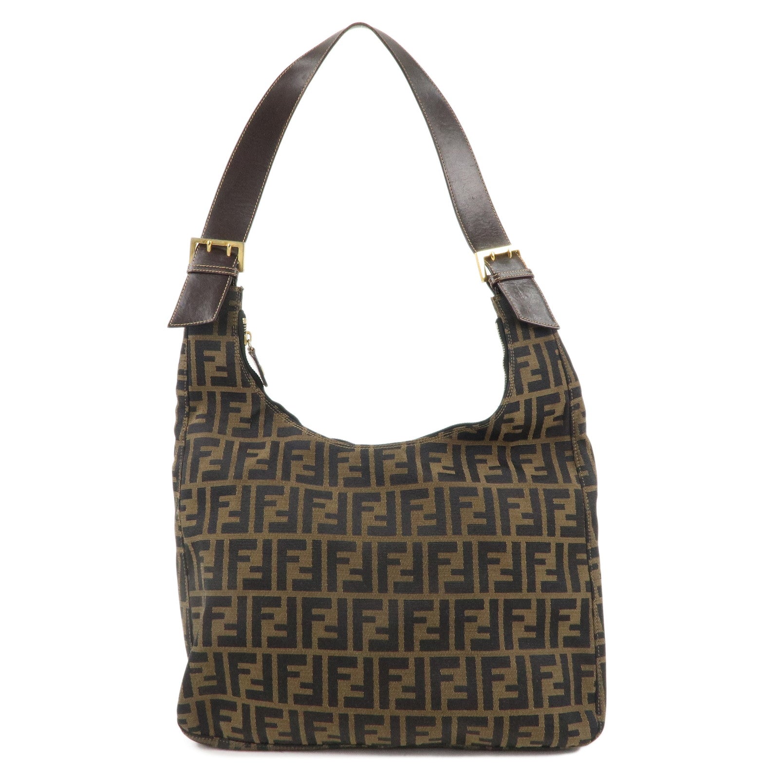 FENDI-Zucca-Canvas-Leather-One-Shoulder-Bag-Brown-Black