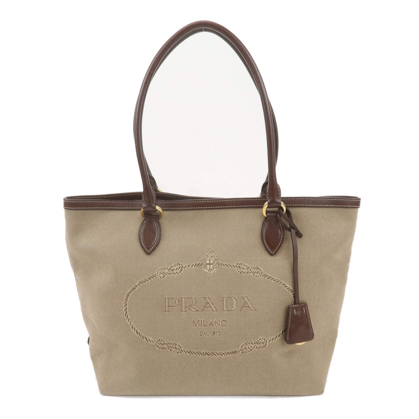 PRADA Logo Jacquard Leather Tote Bag Beige Brown 1BG159