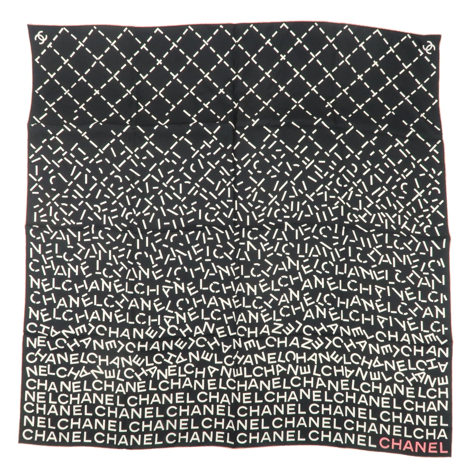 CHANEL-Silk-100%-Scarf-Black-White