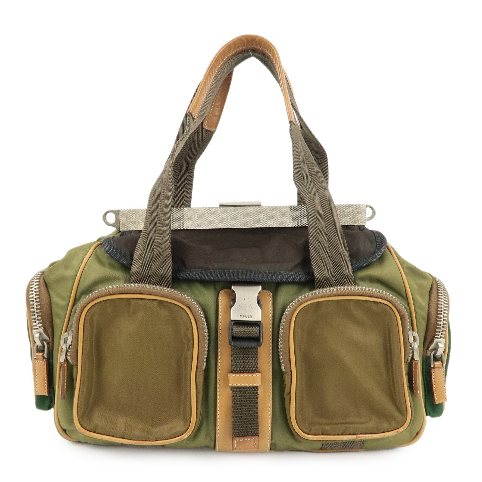 PRADA-Nylon-Leather-Shoulder-Bag-Khaki-Brown-Green