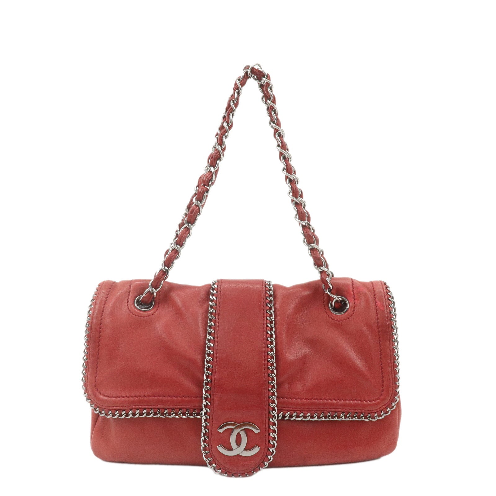 CHANEL-Luxury-Line-Lamb-Skin-Chain-Shoulder-Bag-Red