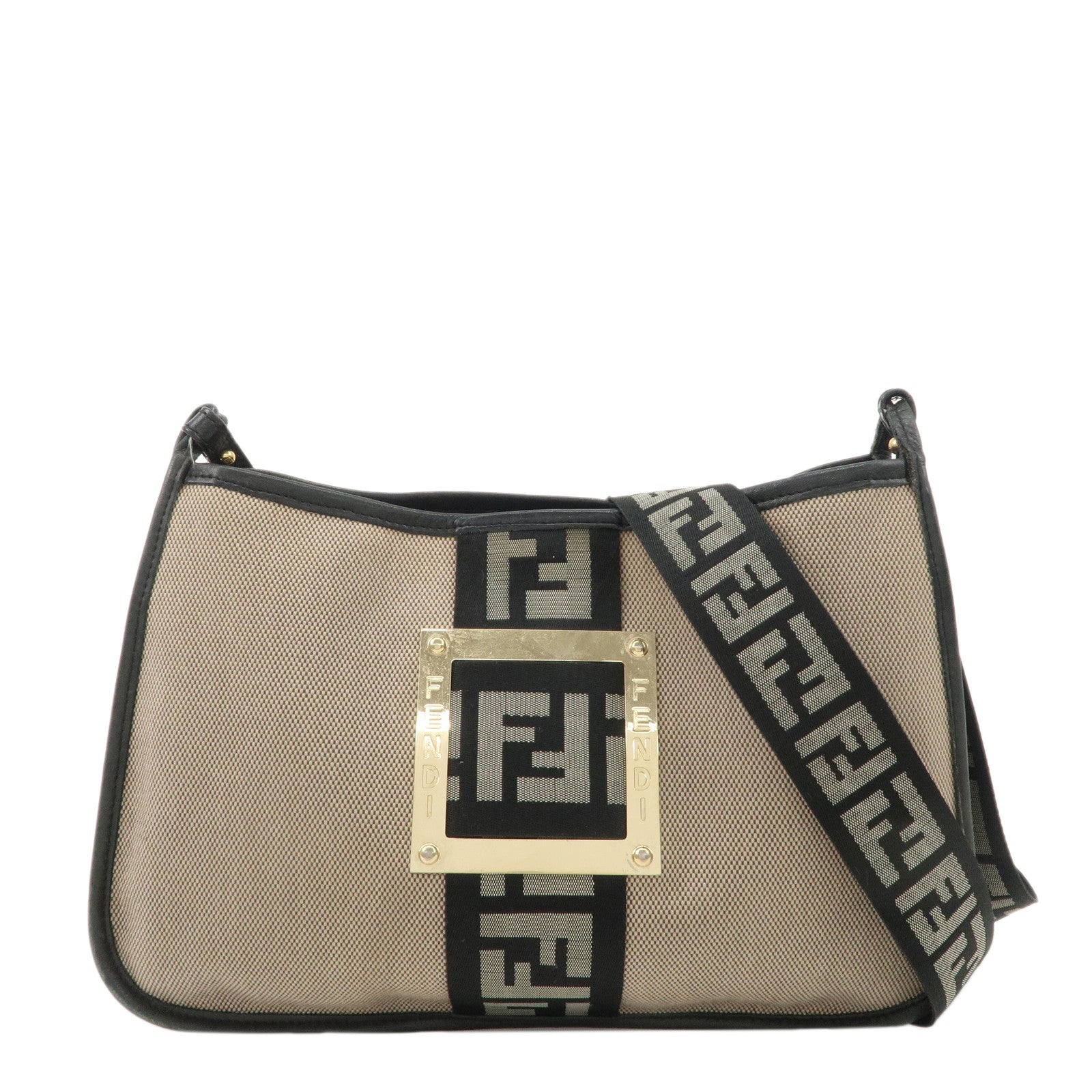 FENDI-Logo-Zucca-Canvas-Leather-Shoulder-Bag-Beige-Black-8BT084