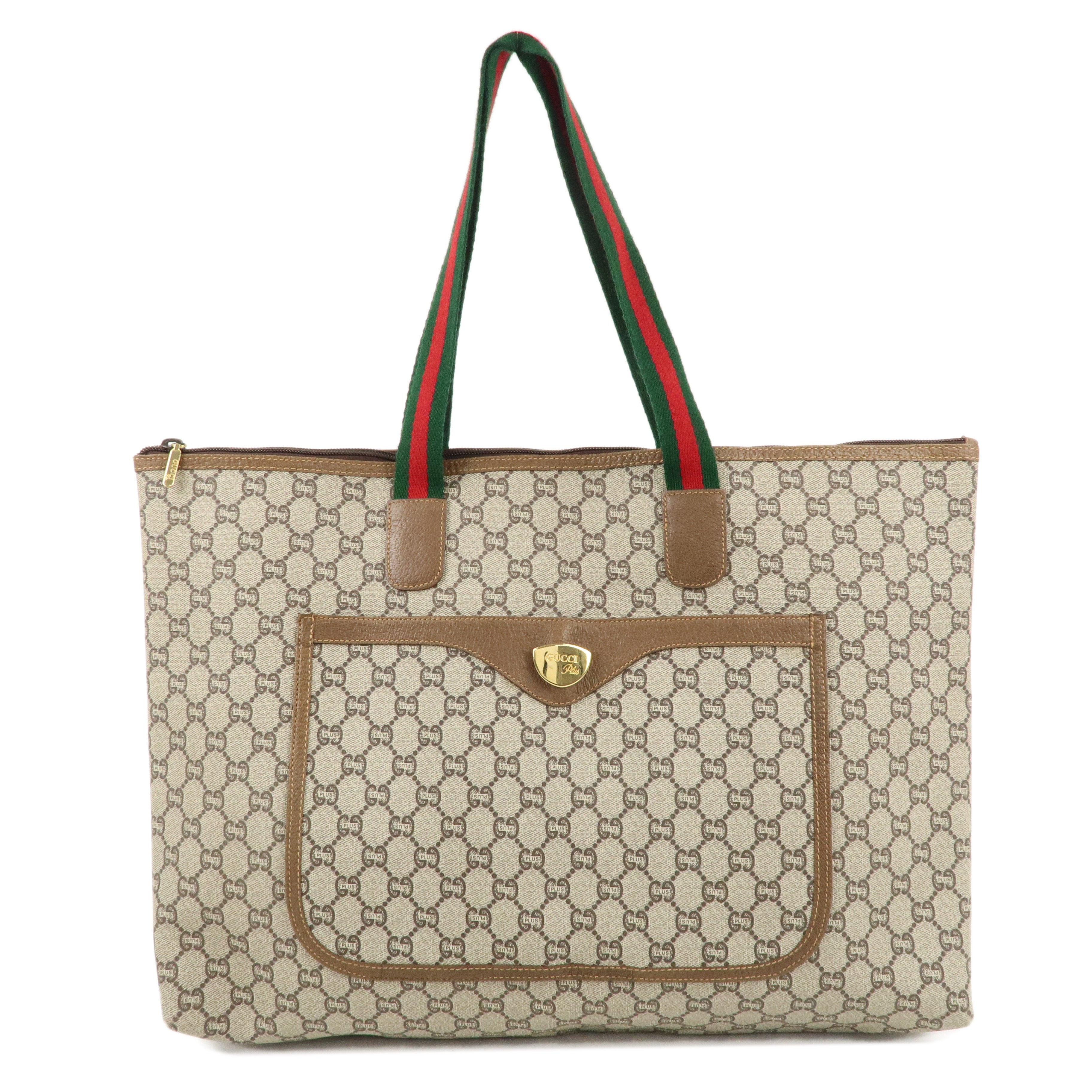 GUCCI Sherry GG Plus Leather Tote Bag Shoulder Bag Beige Brown