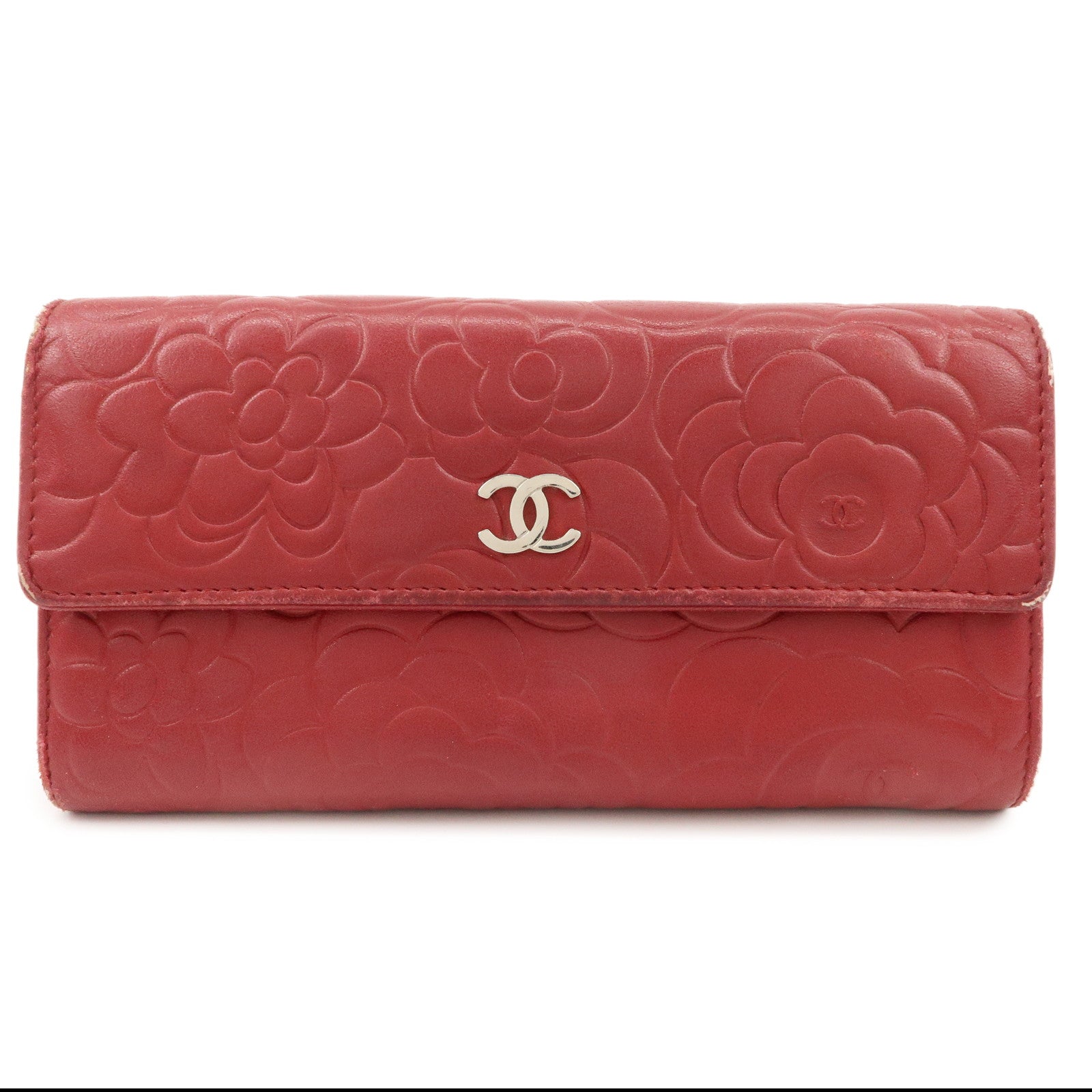 CHANEL-Camelia-Lamb-Skin-Bi-fold-Long-Wallet-Red