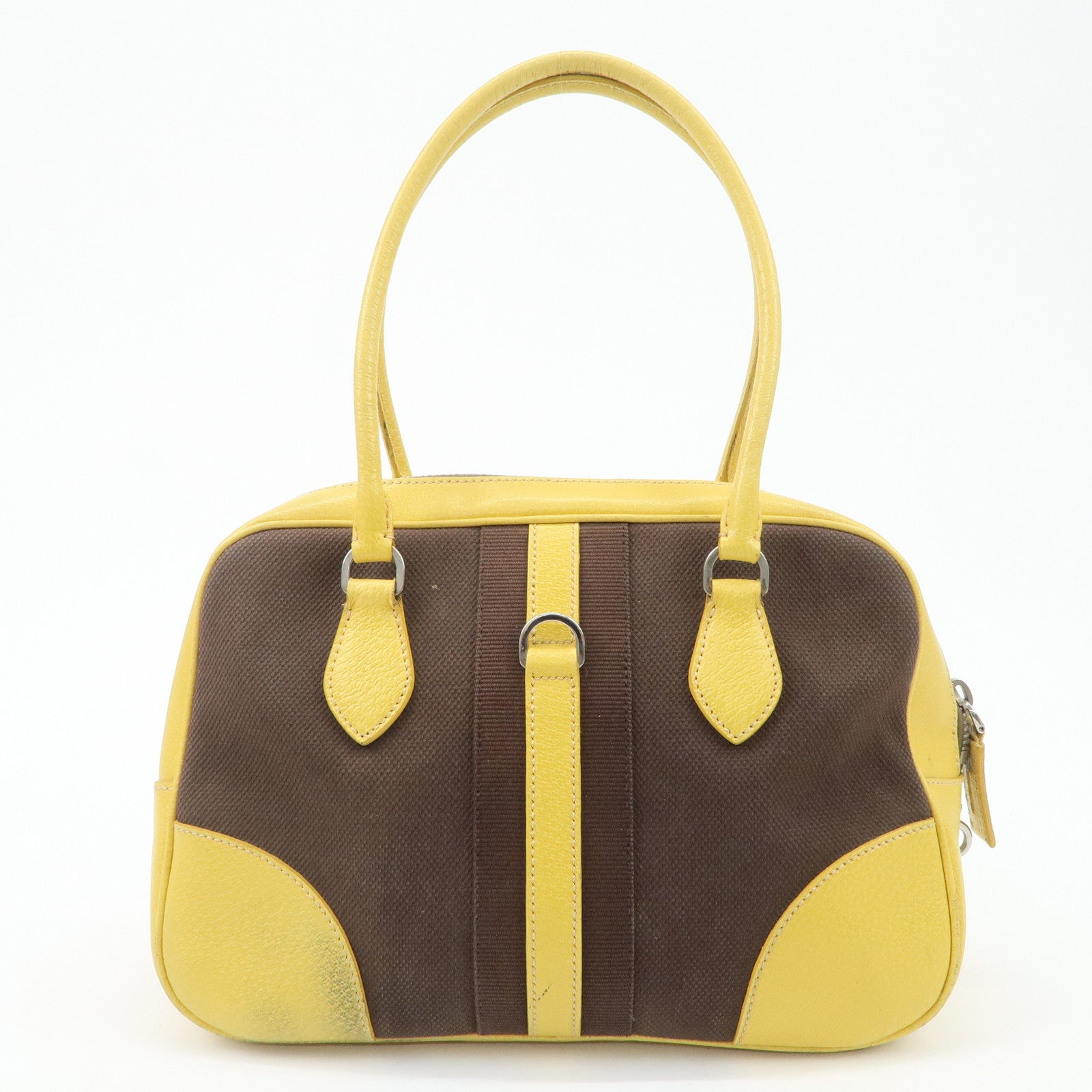 PRADA Canvas Leather Shoulder Bag Hand Bag Brown Yellow