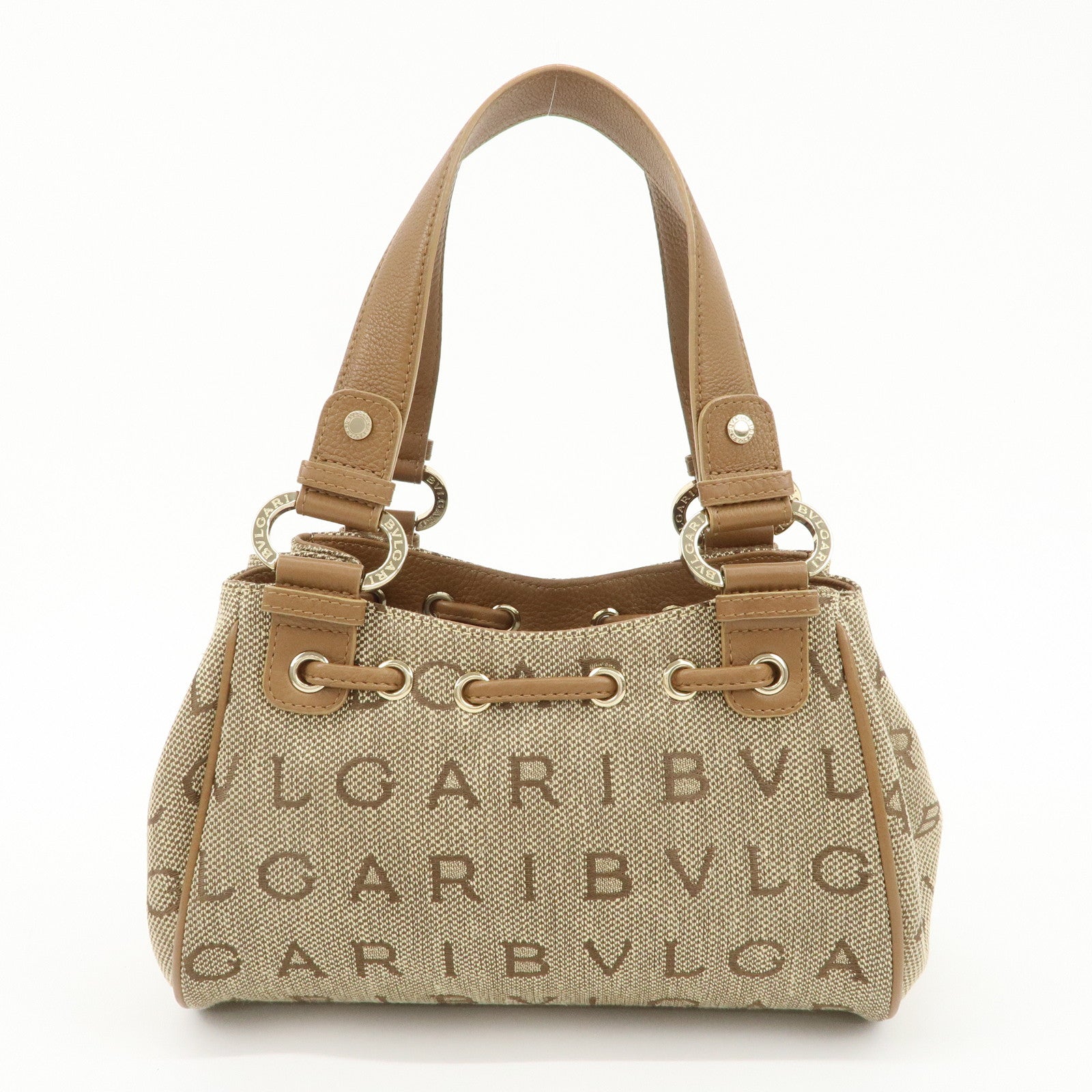 BVLGARI Logo Mania Canvas Lether Maxi Lettere Tote Bag Beige Brown