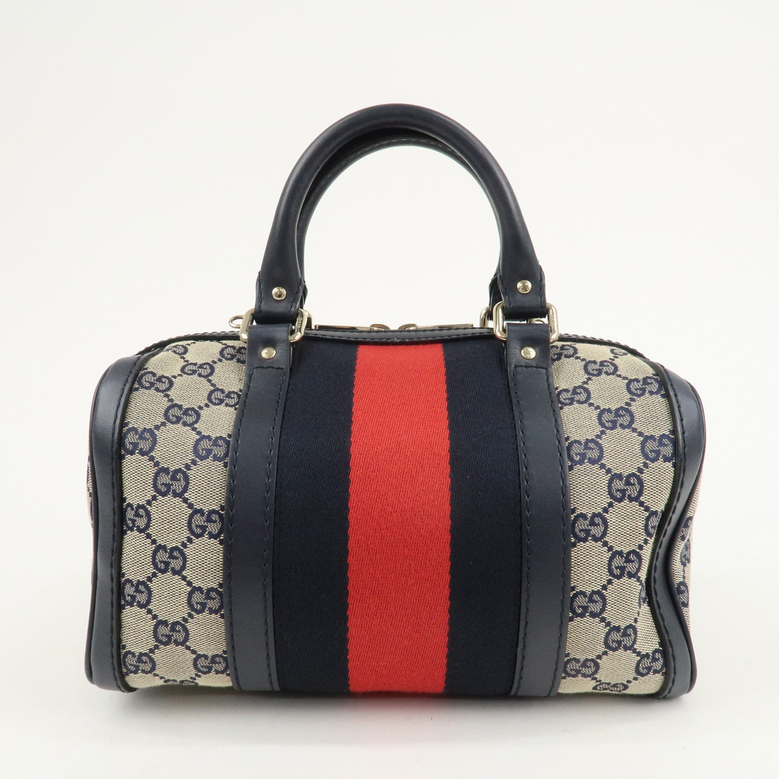 GUCCI Sherry GG Canvas Leather Boston Bag Beige Navy 269876 Used